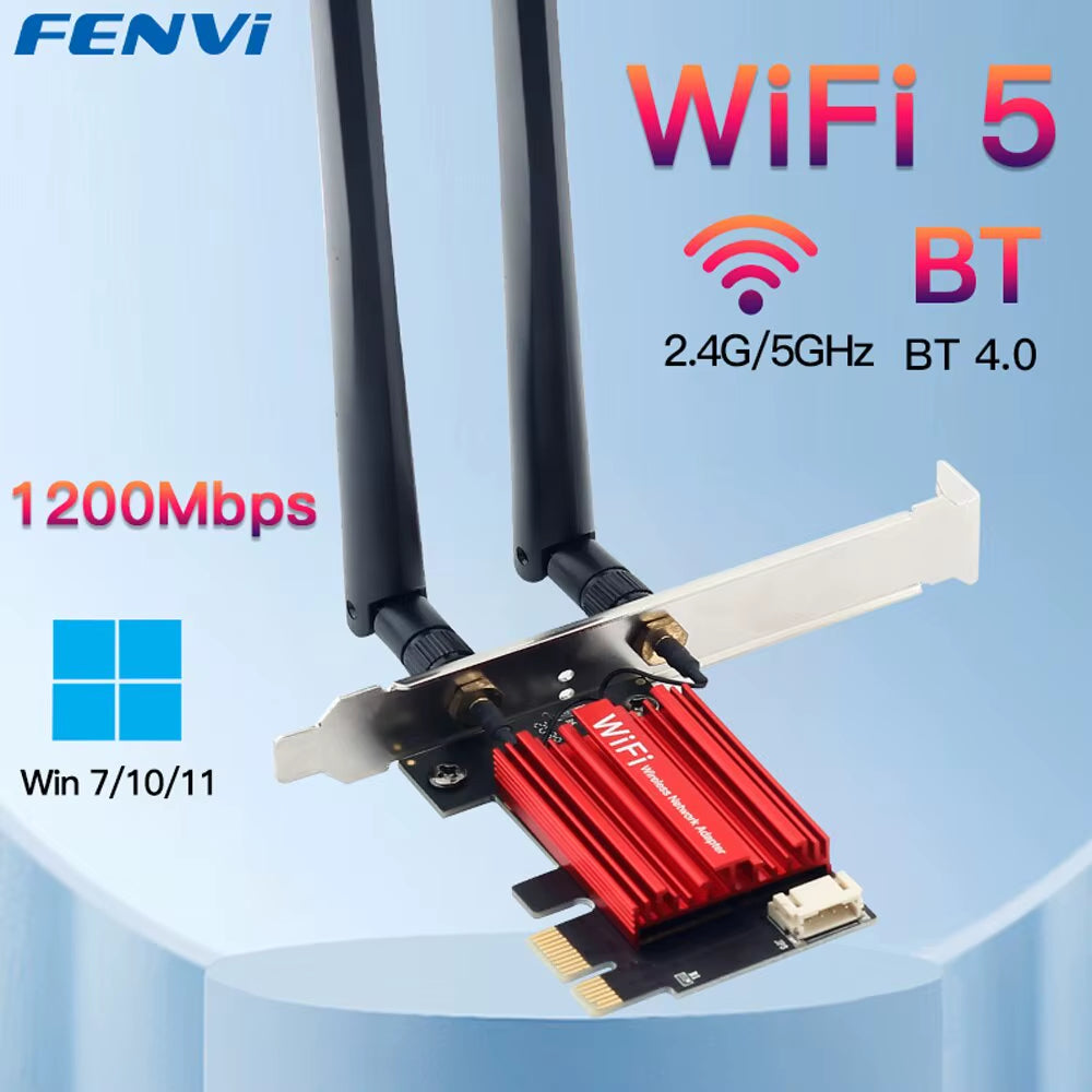FENVI Wifi 5 PCI-E Wireless Adapter AC1200 Network Card Dual Band 2.4G/5Ghz 802.11AC for Bluetooth 4.0 Desktop Windows 7/8/10/11