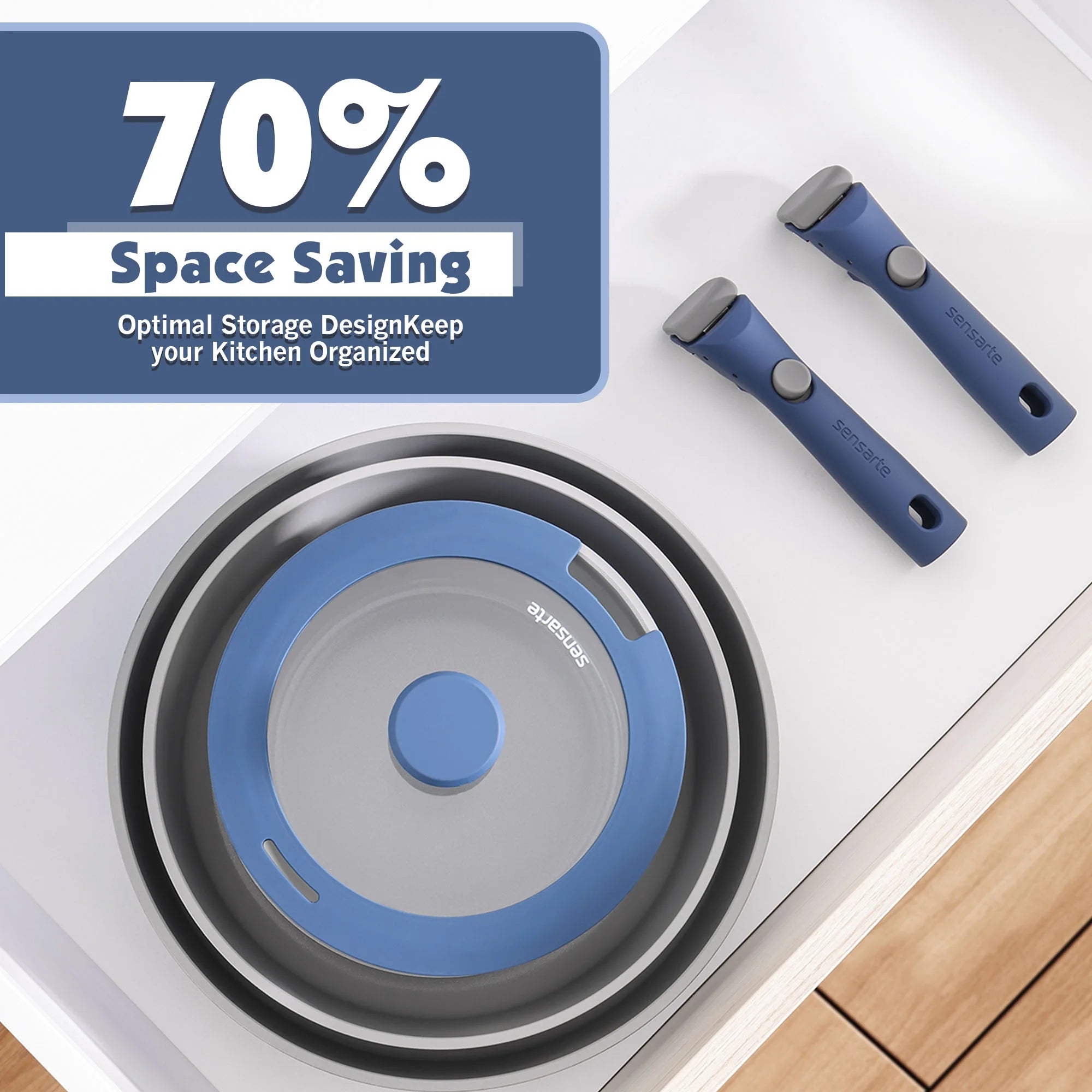 SENSARTE Ceramic Nonstick Pots and Pans Set with Detachable Handle, 18Pcs Induction Kitchen Cookware Sets Stackable, Dishwasher/Oven Safe(Navy Blue)