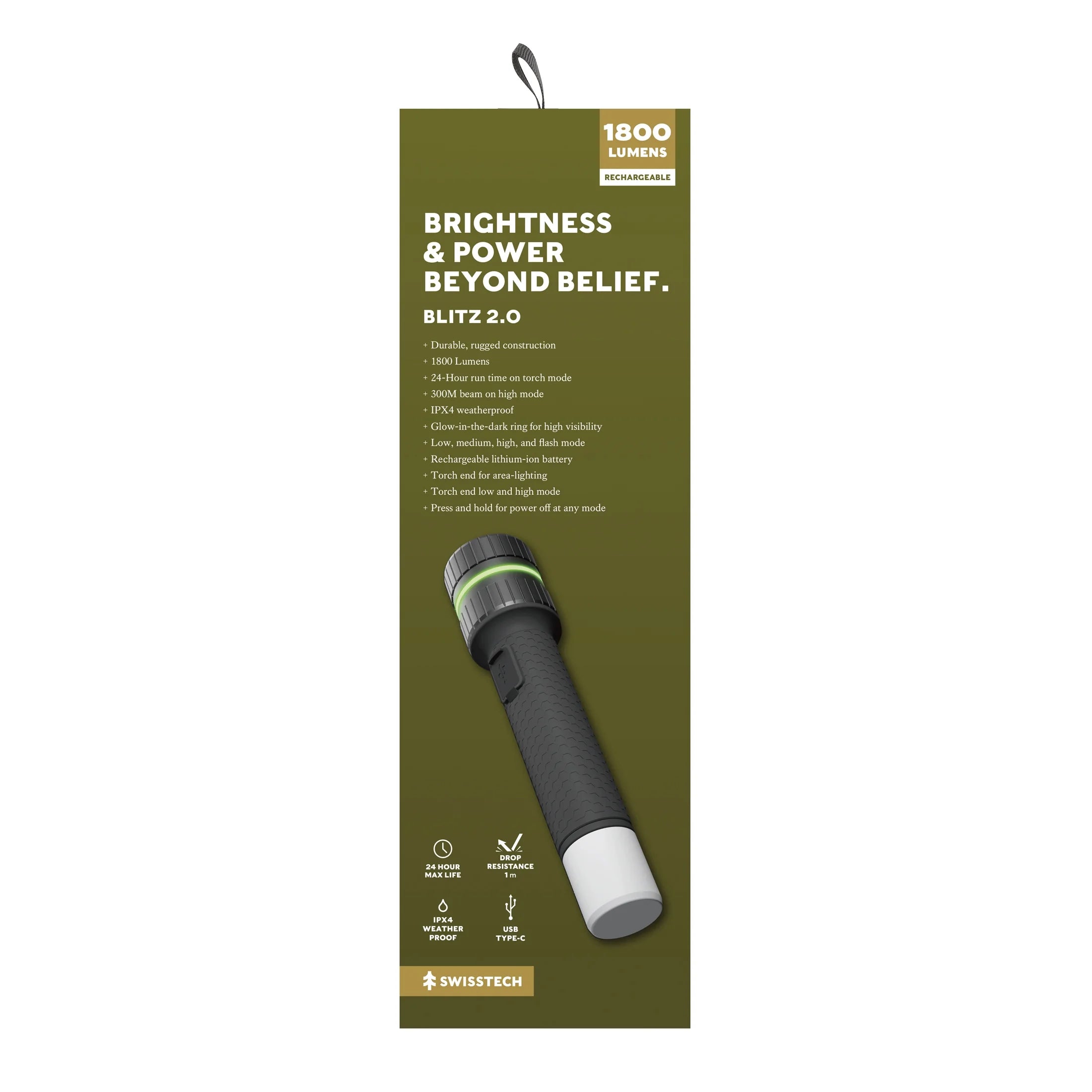 Swiss Tech 1800 Lumen LED Rechargeable Combo Flashlight, IPX4 Weatherproof, Drop Resistant, Black