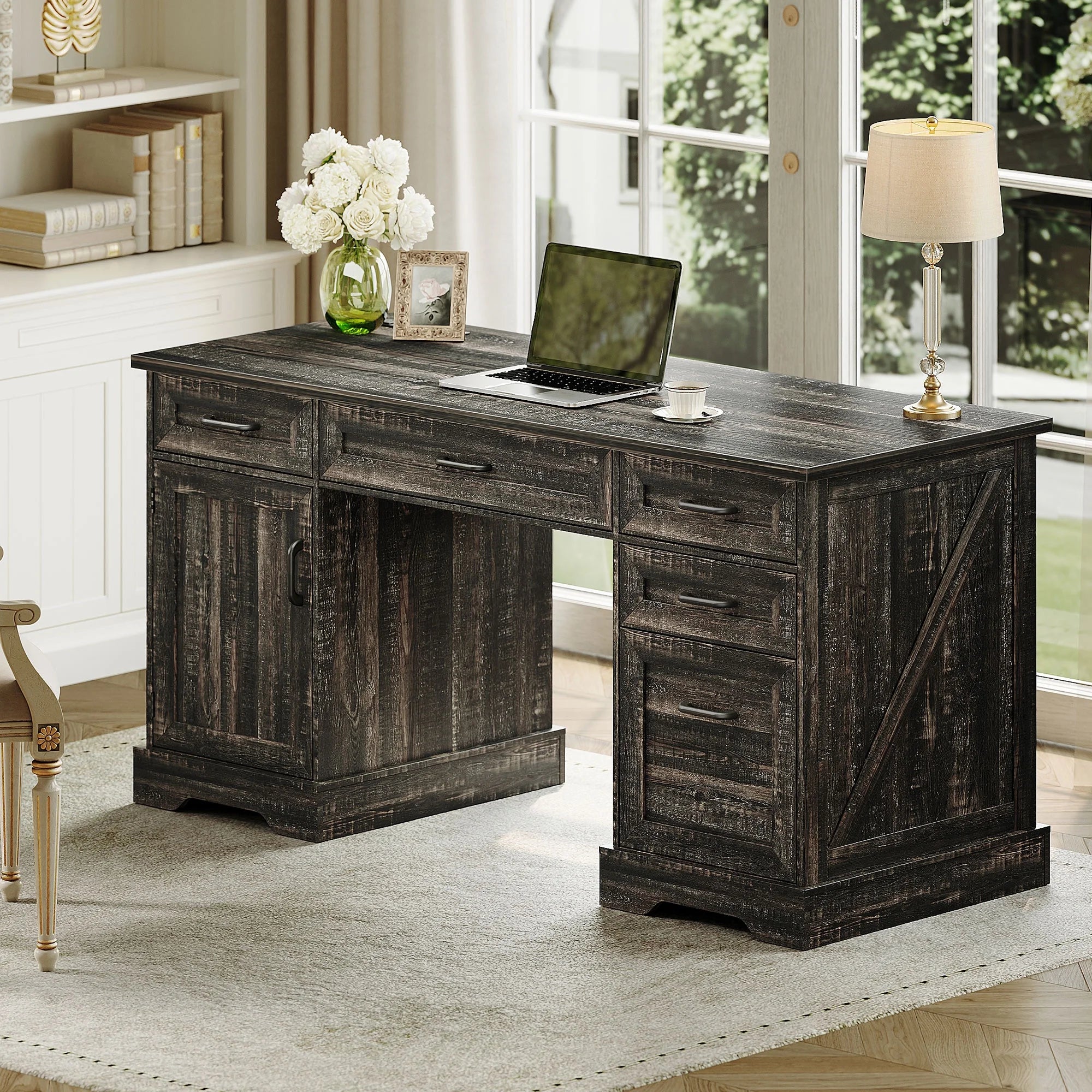 Casacomoda Home Office Desk with File Cabinet and Drawers, 59" Executive Desk with USB Power Outlet, Storage Cabinet for CPU, Workstation Table for Study, Dark Oak