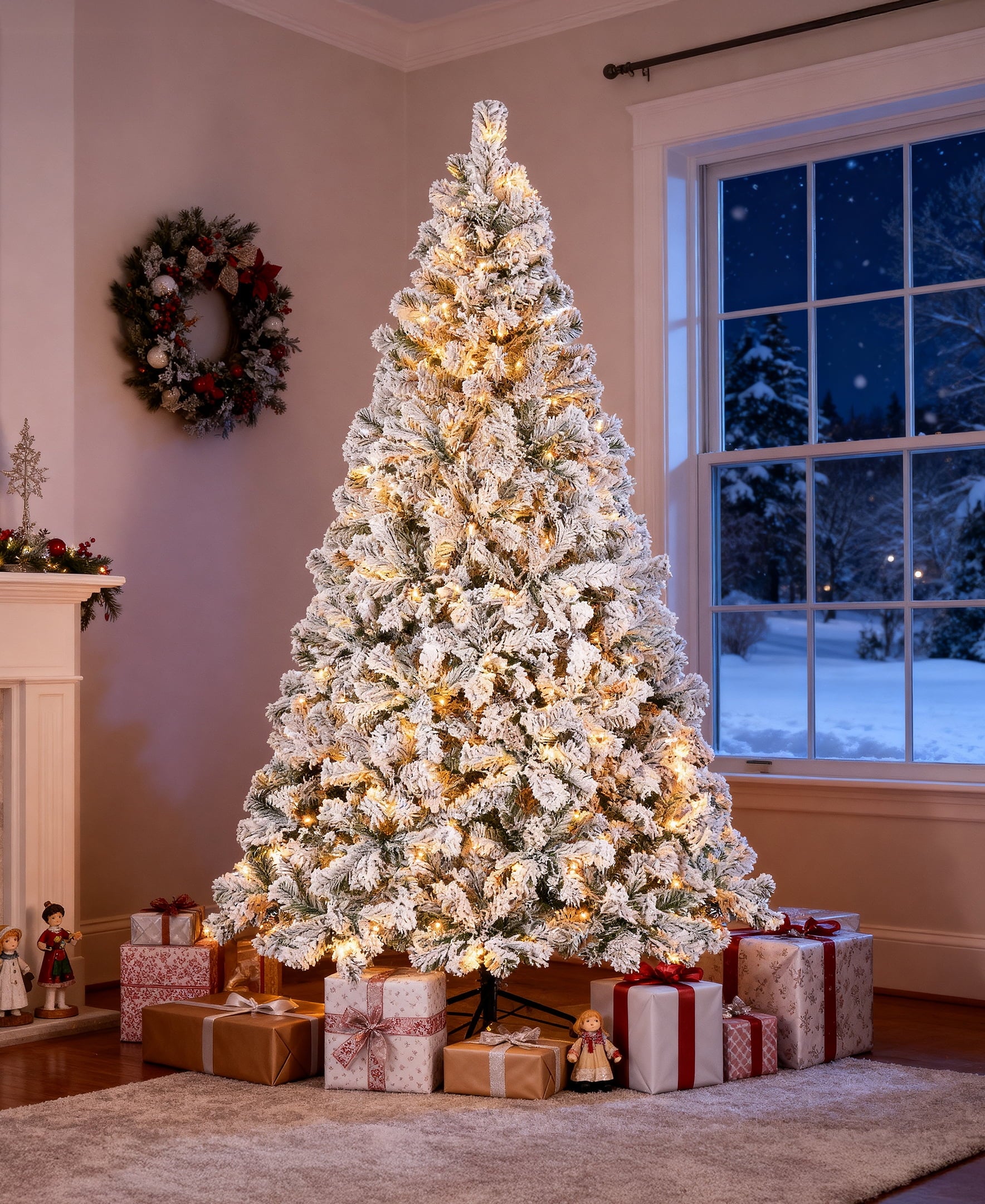 6-Foot Pre-Lit Snow Flocked Christmas Tree Featuring 250 Warm White Lights and 1000 Branch Tips