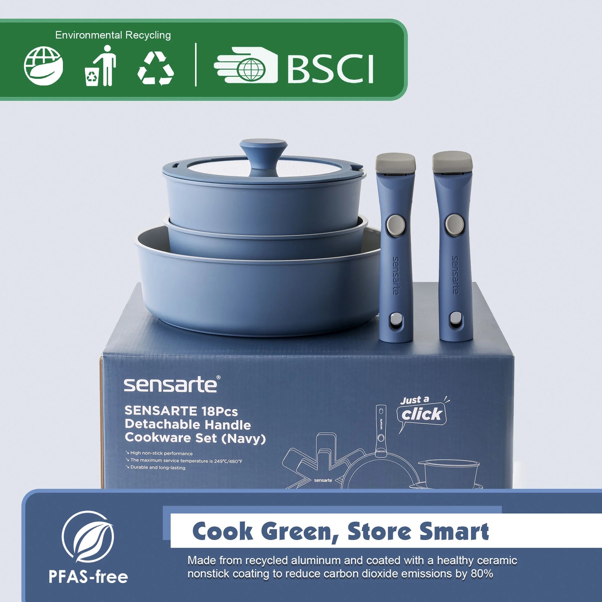 SENSARTE Ceramic Nonstick Pots and Pans Set with Detachable Handle, 18Pcs Induction Kitchen Cookware Sets Stackable, Dishwasher/Oven Safe(Navy Blue)