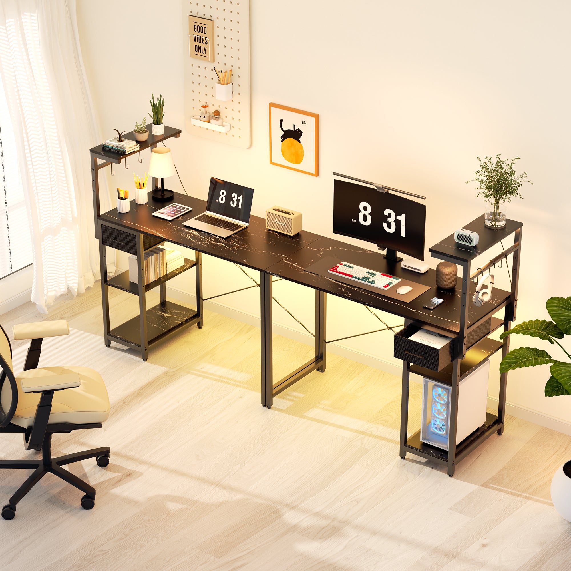 Eunon 44" Gaming Desk with LED Lights, Reversible 4 Tier Storage Shelves & Drawer Computer Desk,Black Marble