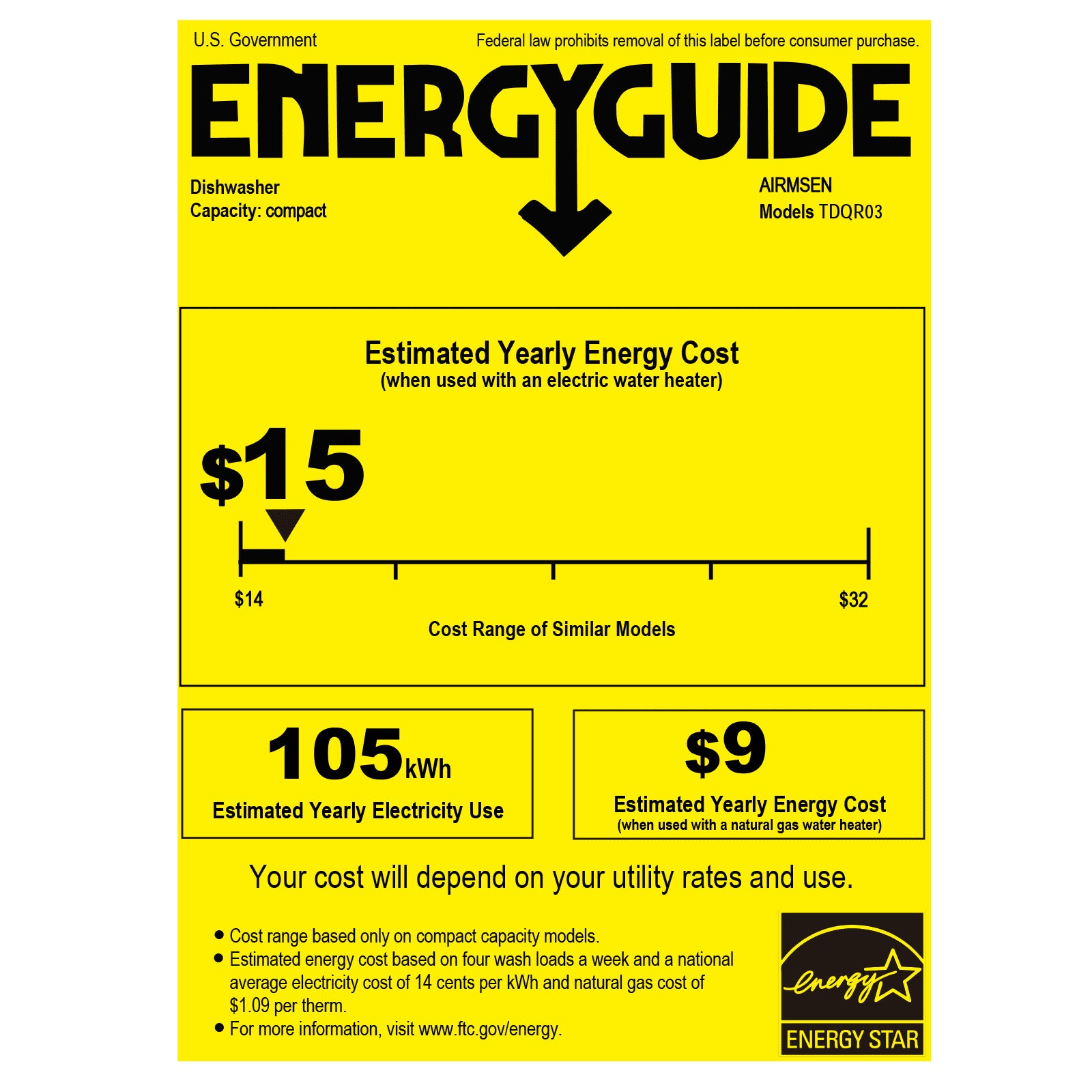 Compact Countertop Dishwasher with 5-Liter Integrated Water Tank and Air-Dry Function, 5 Washing Programs, Model AE-TDQR03