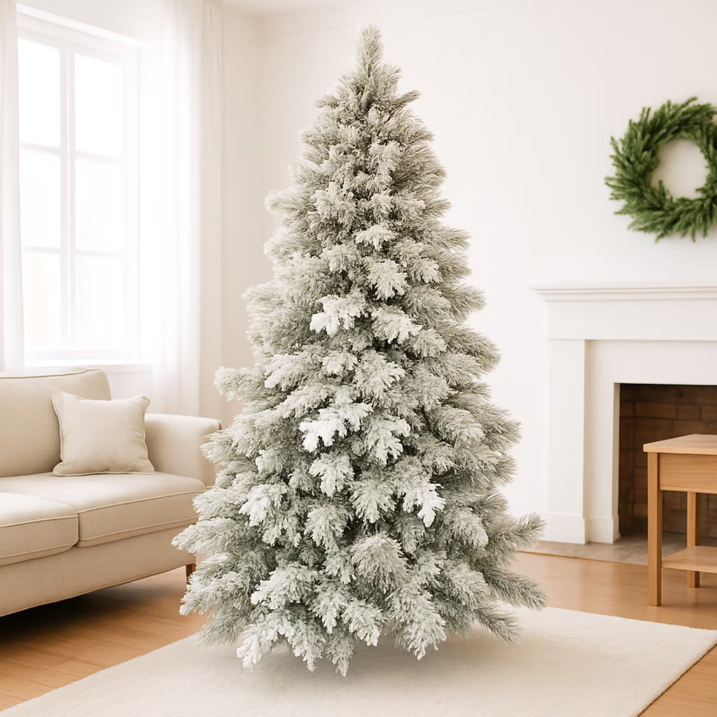 Flocked Spruce Artificial Christmas Tree - Prelit with Functions Colorful Lights & Realistic Tips, Firm Metal Stand & Lights, Easy Assembly