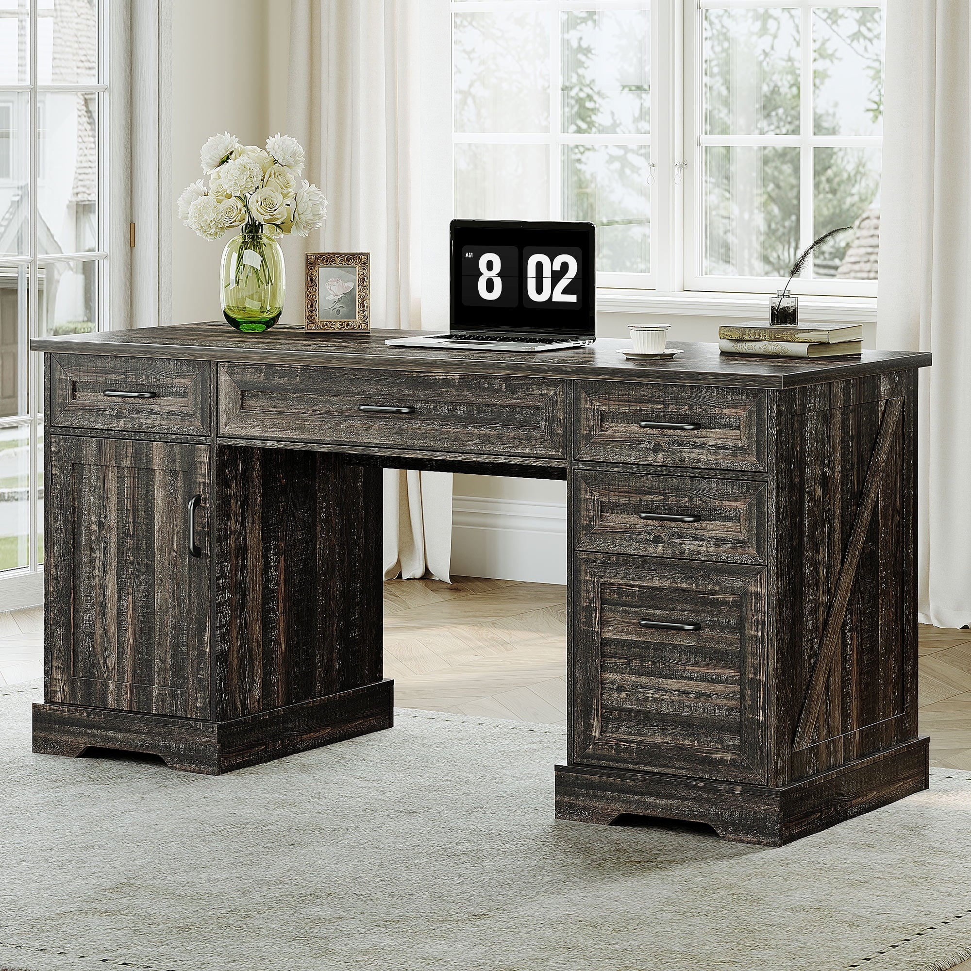 Casacomoda Home Office Desk with File Cabinet and Drawers, 59" Executive Desk with USB Power Outlet, Storage Cabinet for CPU, Workstation Table for Study, Dark Oak