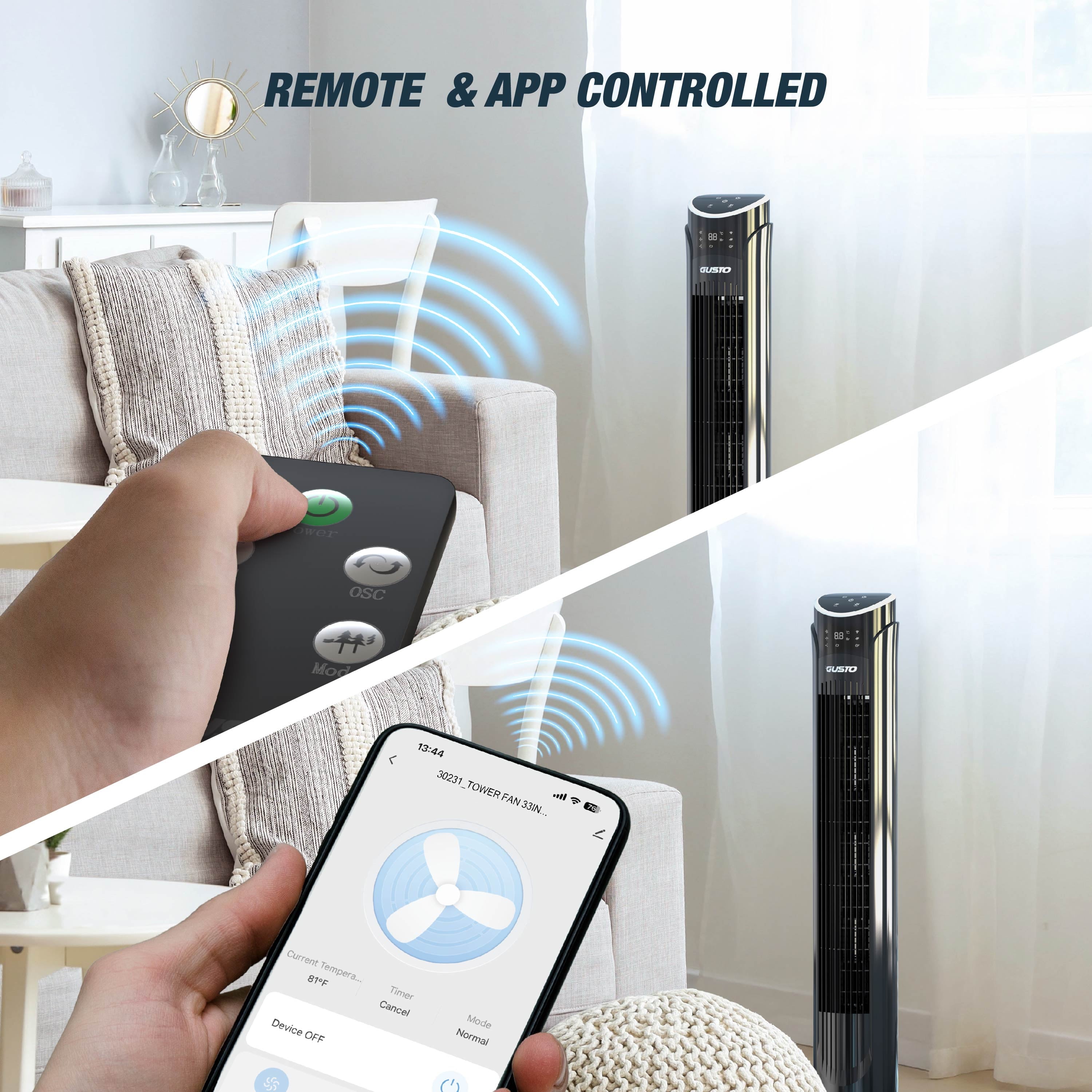 Gusto 33" Bladeless Tower Fan, 3-Speed Electric Fan with LED Display and Wifi Function, Black