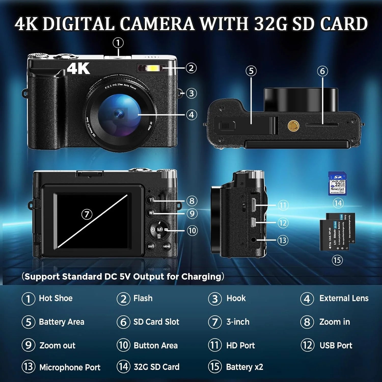 4K 48MP Digital Vlogging Camera with Autofocus and 16X Zoom, Includes 32GB SD Card for YouTube Content Creation