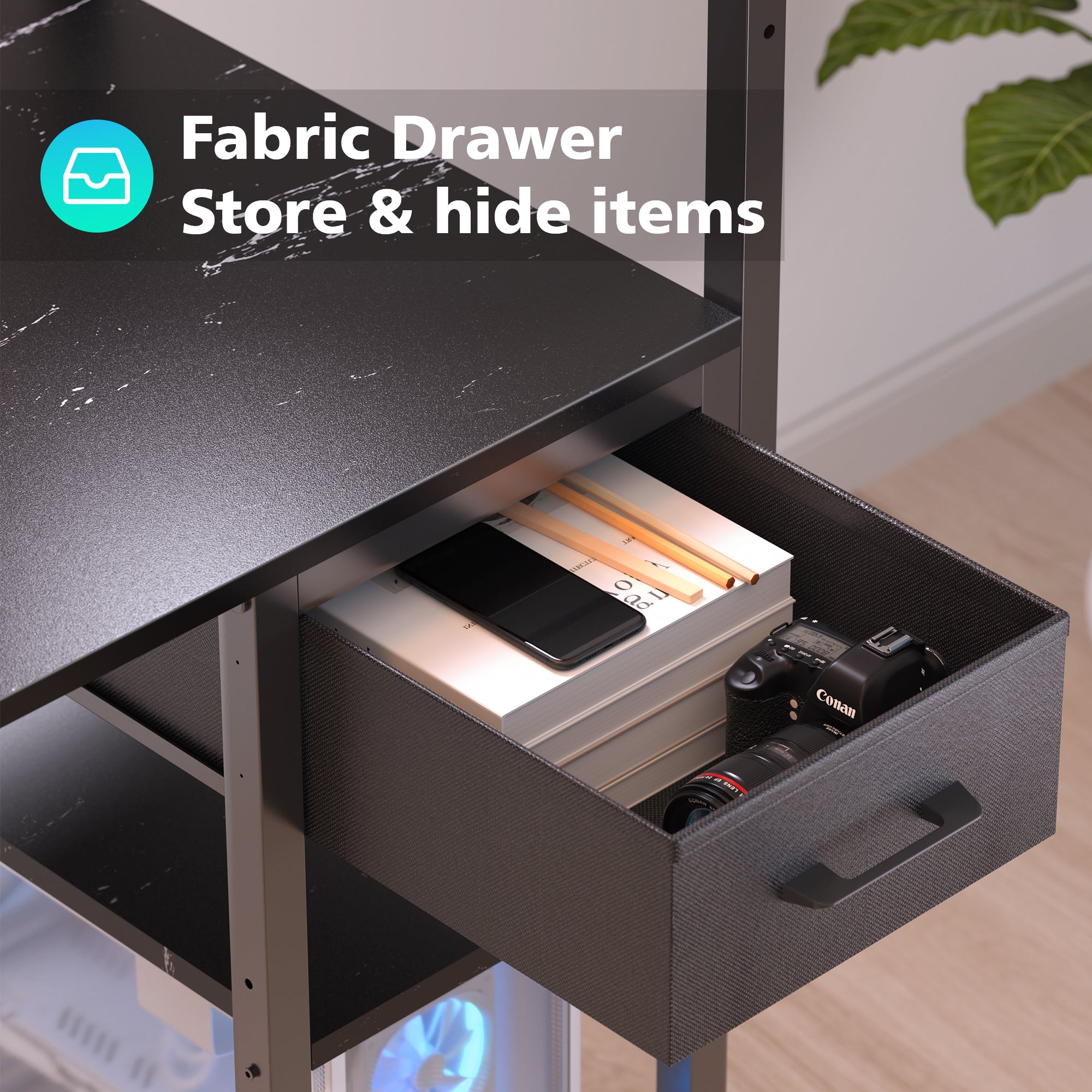 Eunon 44" Gaming Desk with LED Lights, Reversible 4 Tier Storage Shelves & Drawer Computer Desk,Black Marble