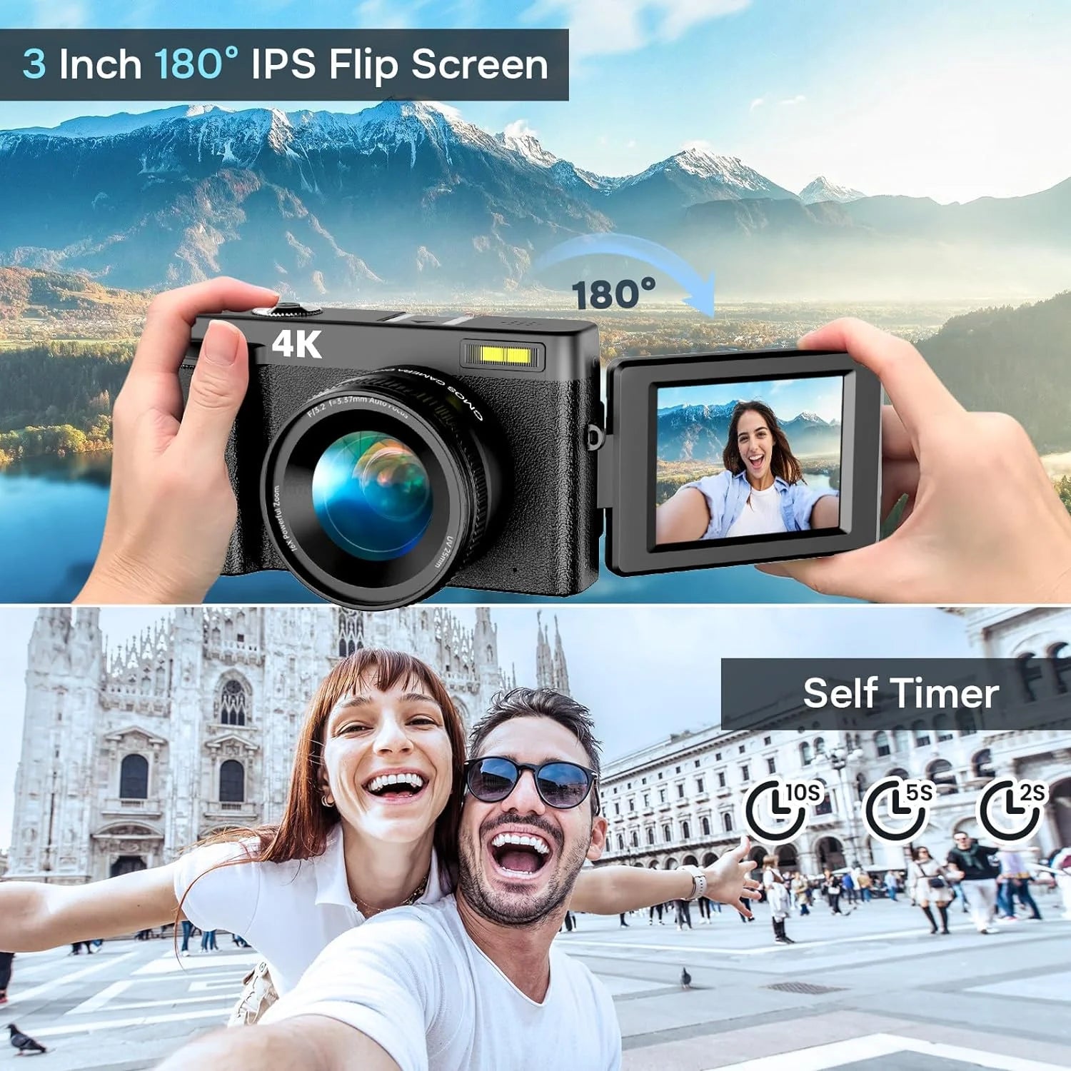 4K 48MP Digital Vlogging Camera with Autofocus and 16X Zoom, Includes 32GB SD Card for YouTube Content Creation