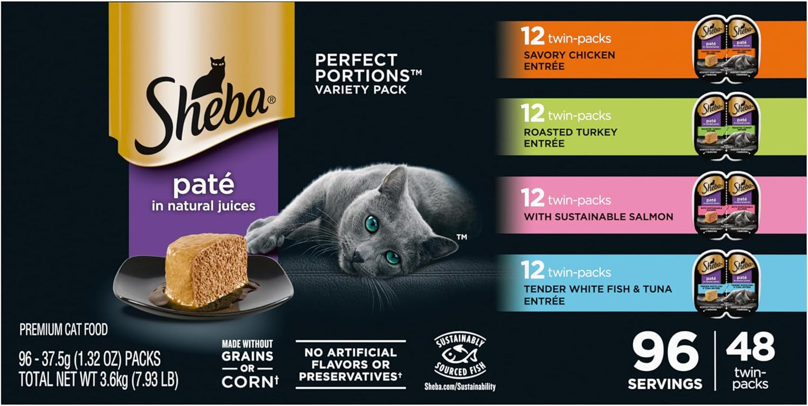 Sheba Perfect Portions Wet Cat Food Variety Pack with Sustainable Salmon, Signature Seafood Entrée, Tender White Fish, and Tuna, 2.6 Oz Twin Pack Trays (24 Count, 48 Servings)