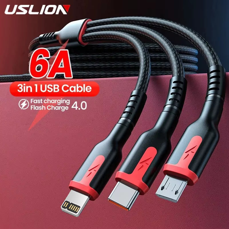 USLION 66W 5A 3-in-1 Fast Charging Cable for iPhone 14, Huawei, Micro USB, and Type C Devices