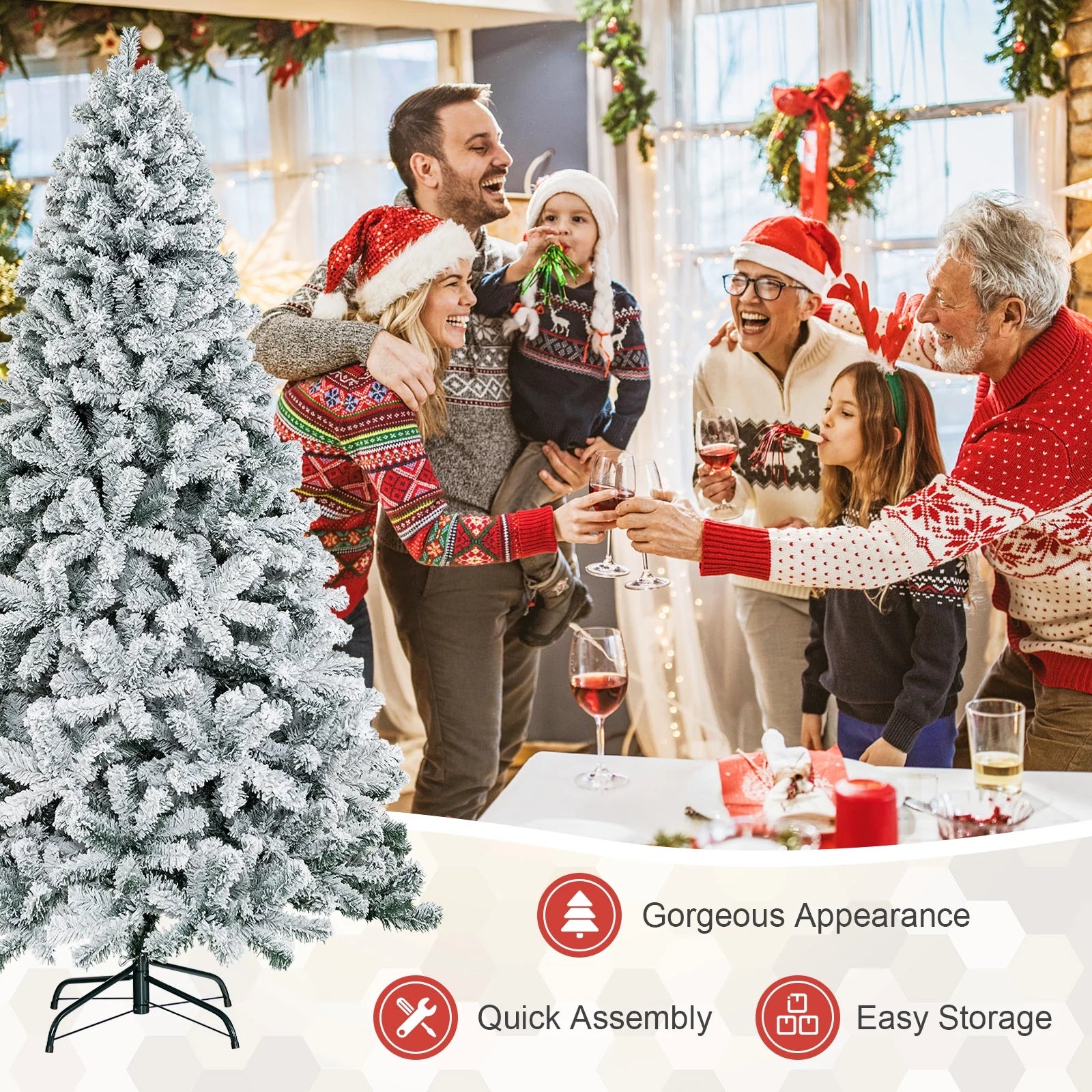 7.5Ft Snow Flocked Hinged Artificial Christmas Tree Unlit Holiday Decor