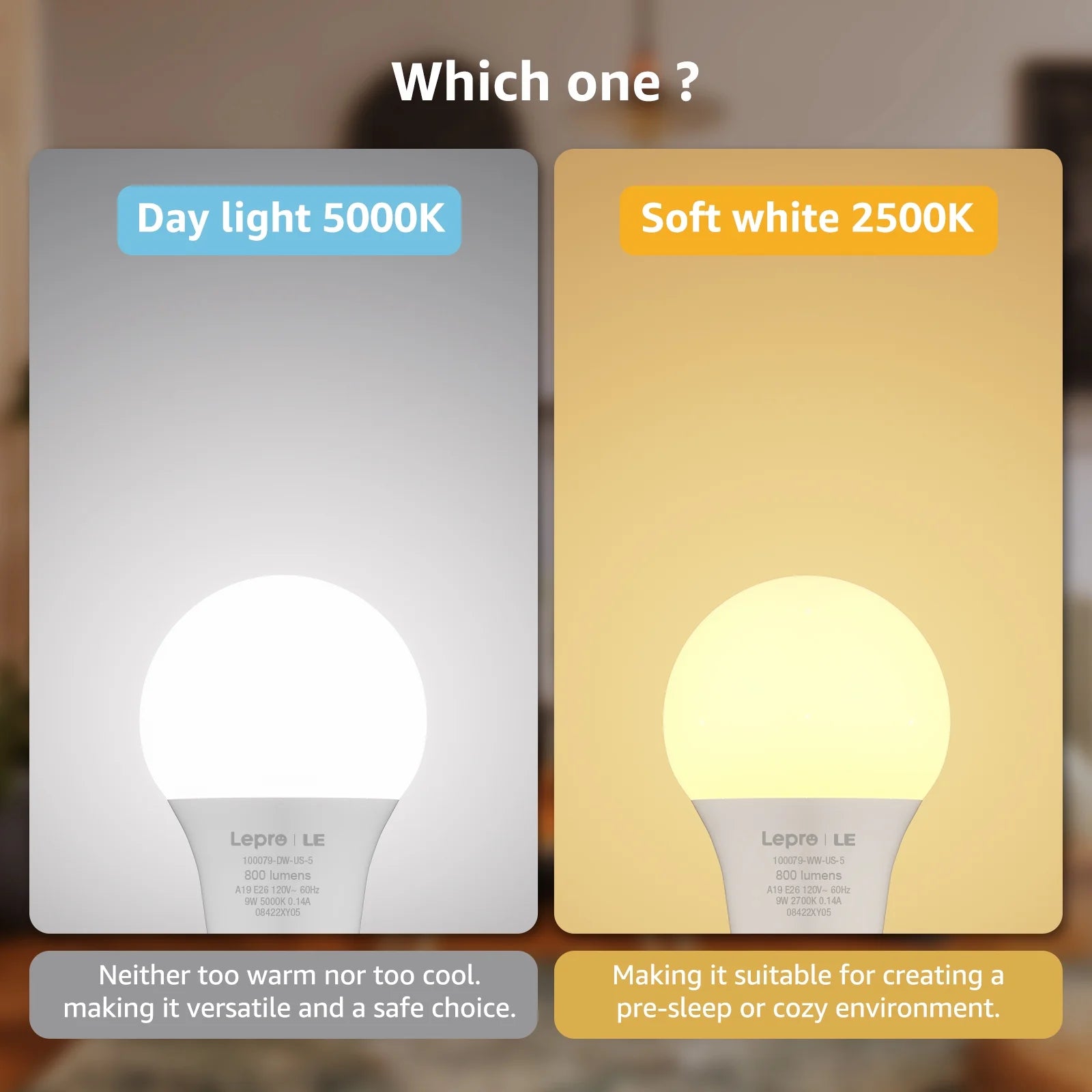 Lepro LED Light Bulbs 60 Watt Eqv Annual save $6.12 Per, Soft White 2700K, 9W 800 Lumens Non-Dimmable, A19 E26 Standard Medium Base, 10000 Hour Lifetime 5 Count