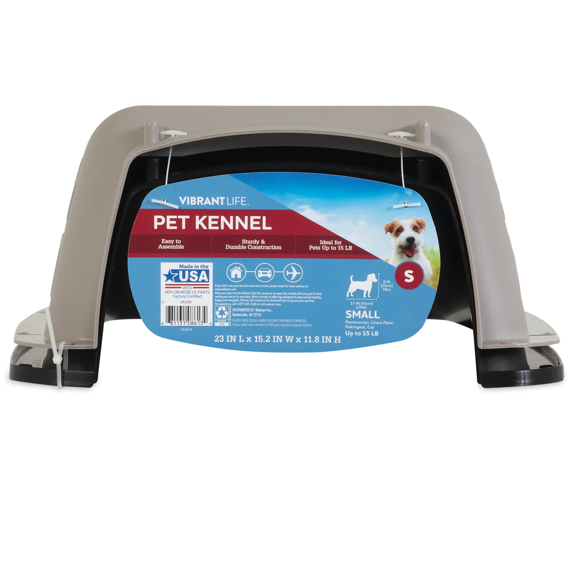 Vibrant Life Pet Portable Kennel for Dogs, Hard-Sided Travel Carrier, Durable, Metal Door, Black & Grey, for Pets up to 15 Lbs, 23" L X 15.2" W X 11.8" H