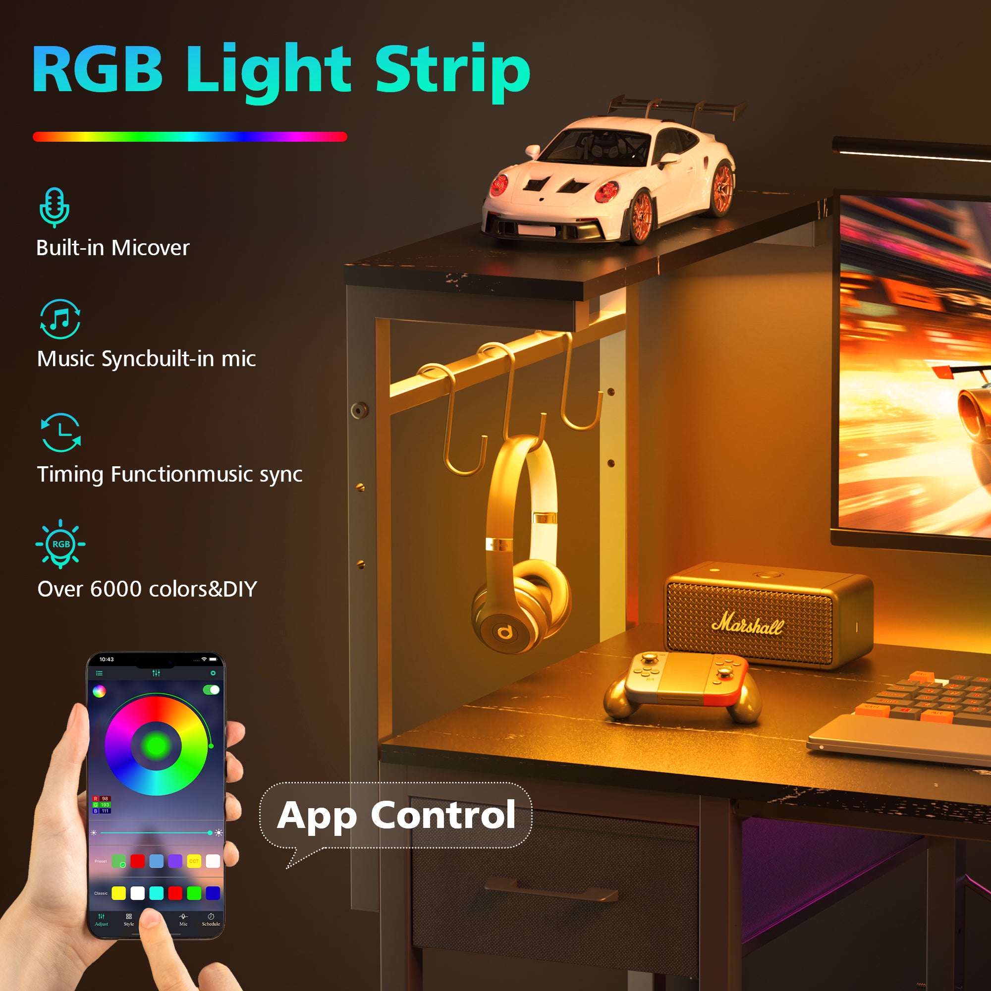 Eunon 44" Gaming Desk with LED Lights, Reversible 4 Tier Storage Shelves & Drawer Computer Desk,Black Marble