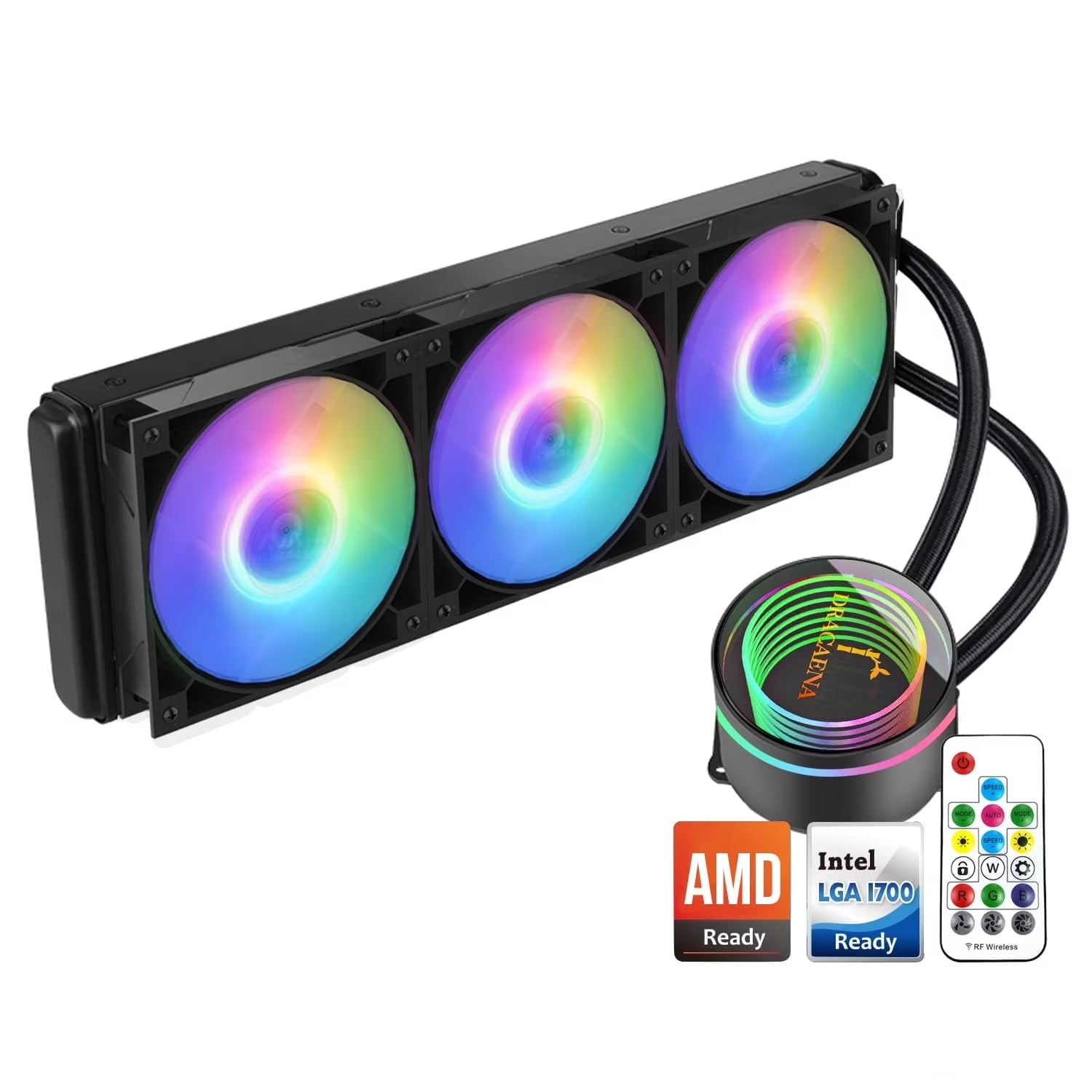 Dracaena AIO CPU Cooler, Color Change Remote, 360Mm Radiator, ARGB PWM Fans Quiet Less than 27DBA, Compitable with AMD Am5/Am4-Intel LGA 1700/1200/115X, Leakproof Technology, High Flow Pump, Black