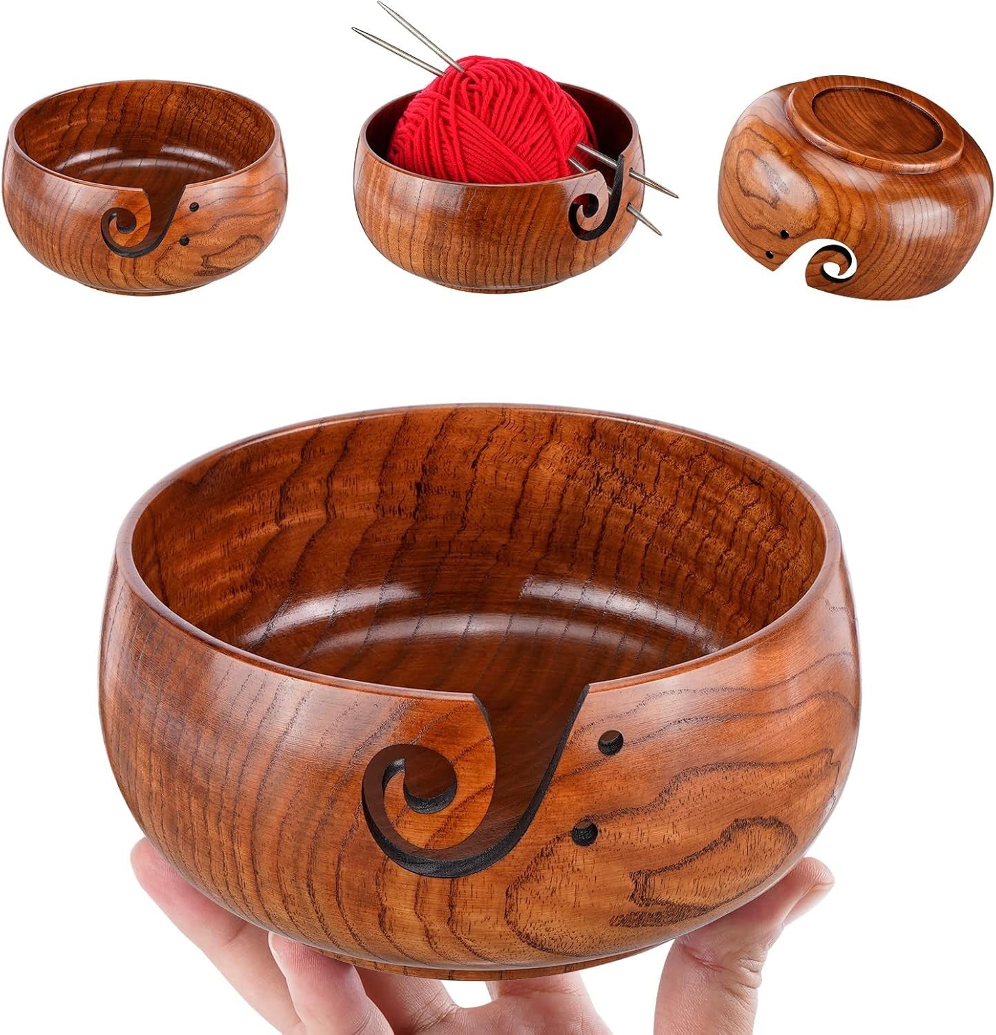 Wooden Knitting Yarn Bowl with Holes for Organized Storage