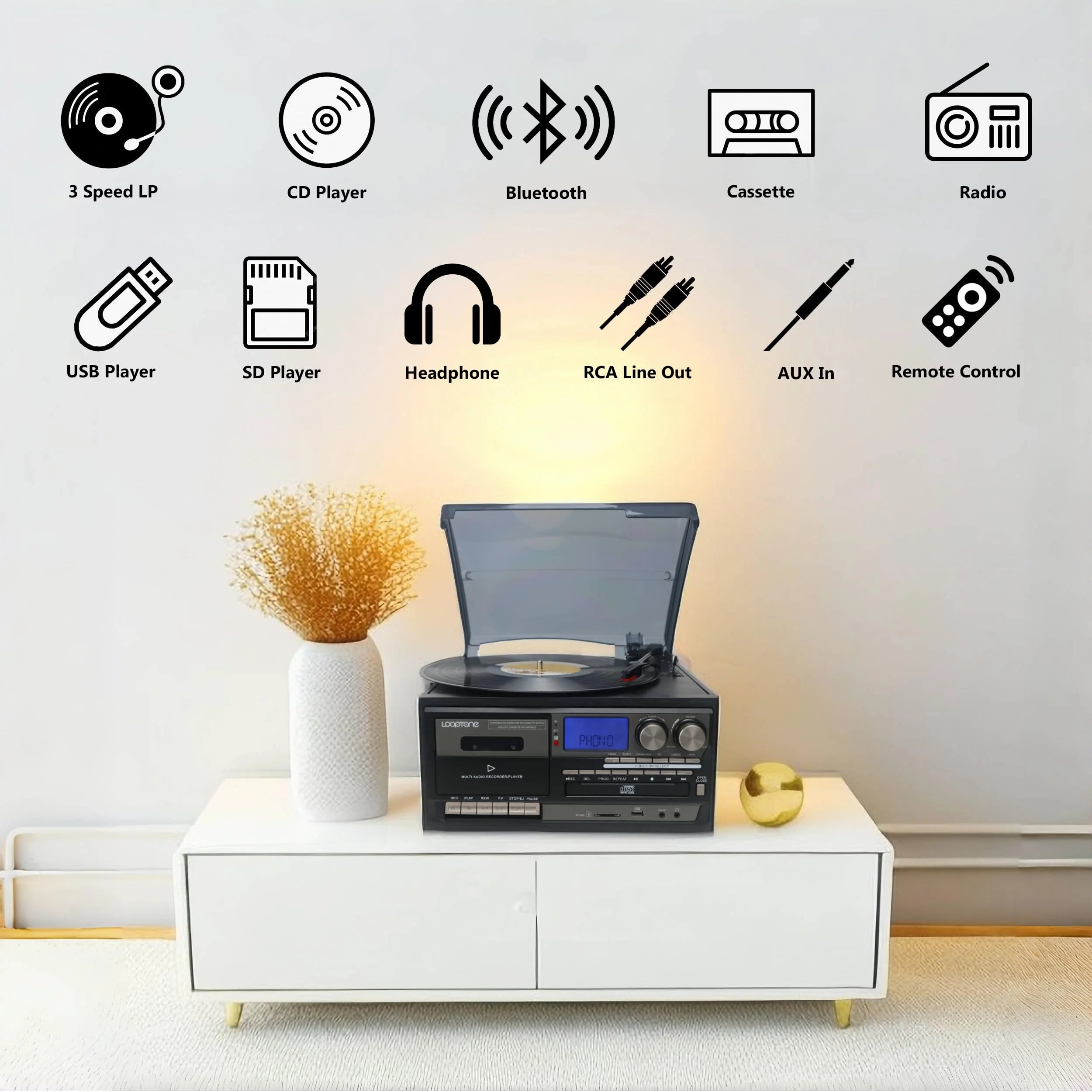 Looptone Vinyl Record Player Bluetooth In/Out Turntable CD Tape Radio USB Recorder Aux in RCA Out