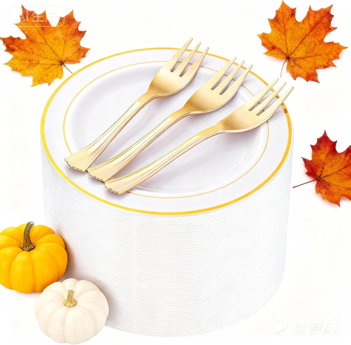 WELLIFE 120-Count Gold Glitter Plastic Dessert Plates and Forks Set, 6.5-Inch Disposable Plates and Durable Small Forks for Catering, Parties, and Weddings