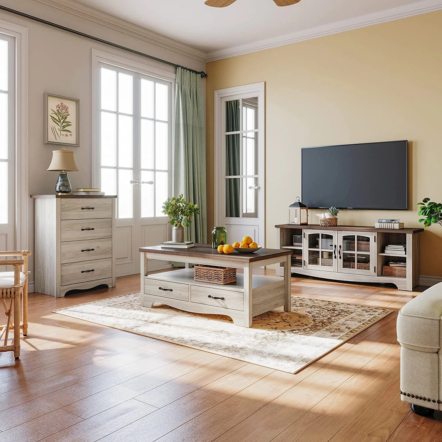 LINSY HOME Coffee Table with Storage Drawers, Wooden Farmhouse TV Stand Center Table for Living Room, Oak White