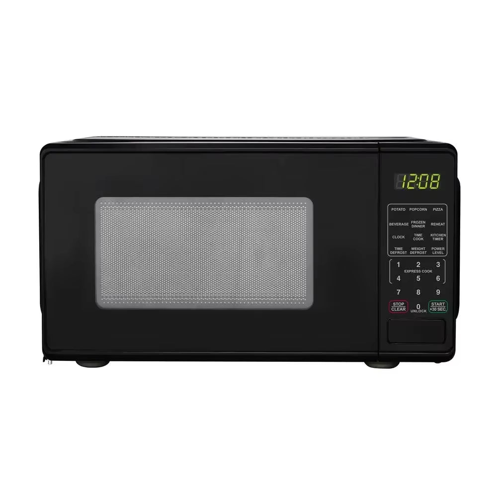 Compact 0.7 Cu Ft 700W Black Countertop Microwave Oven LED Display Timer Clock Defrost Child-Safe Lockout Push-Button Door 10
