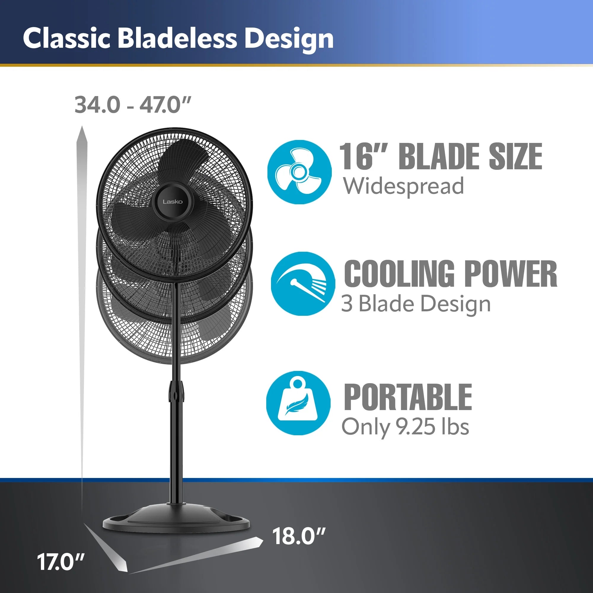 Lasko 16” 3-Speed Adjustable Oscillating Pedestal Fan, Black, S16500 New