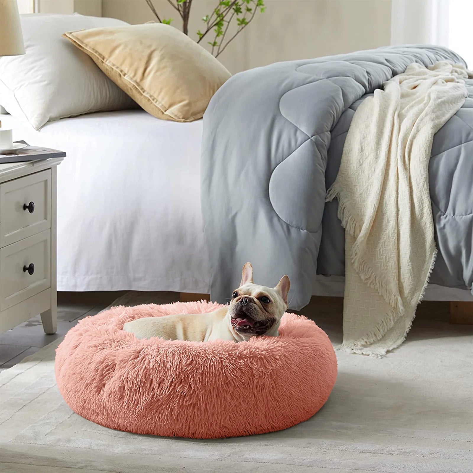 Nisrada 27In Calming Donut Dog Bed Anti-Anxiety, Self Warming, Cozy Soft Plush round Pet Bed Indoor, Ideal for Both Home & Travel, Size 27”X27”X8” Pink