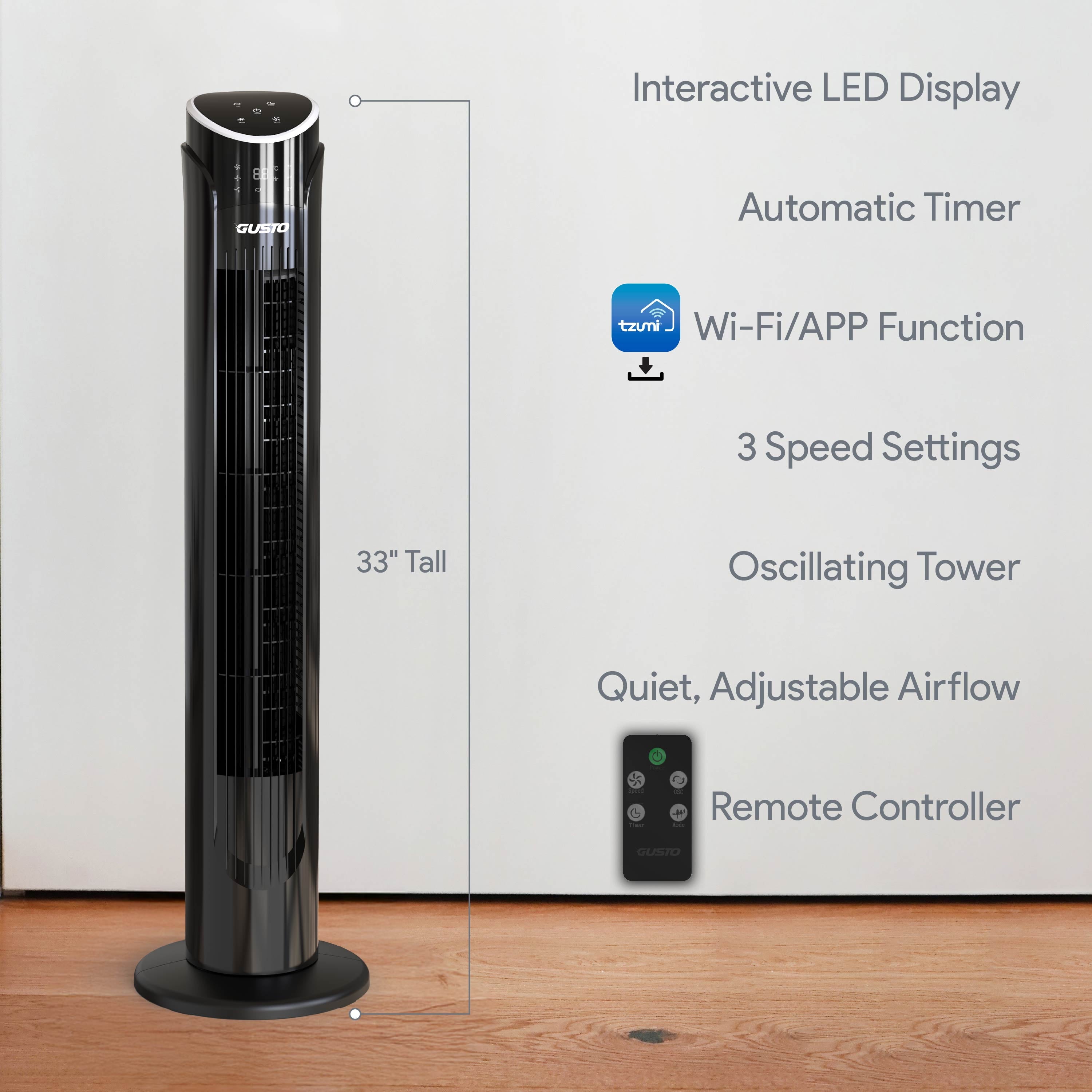 Gusto 33" Bladeless Tower Fan, 3-Speed Electric Fan with LED Display and Wifi Function, Black
