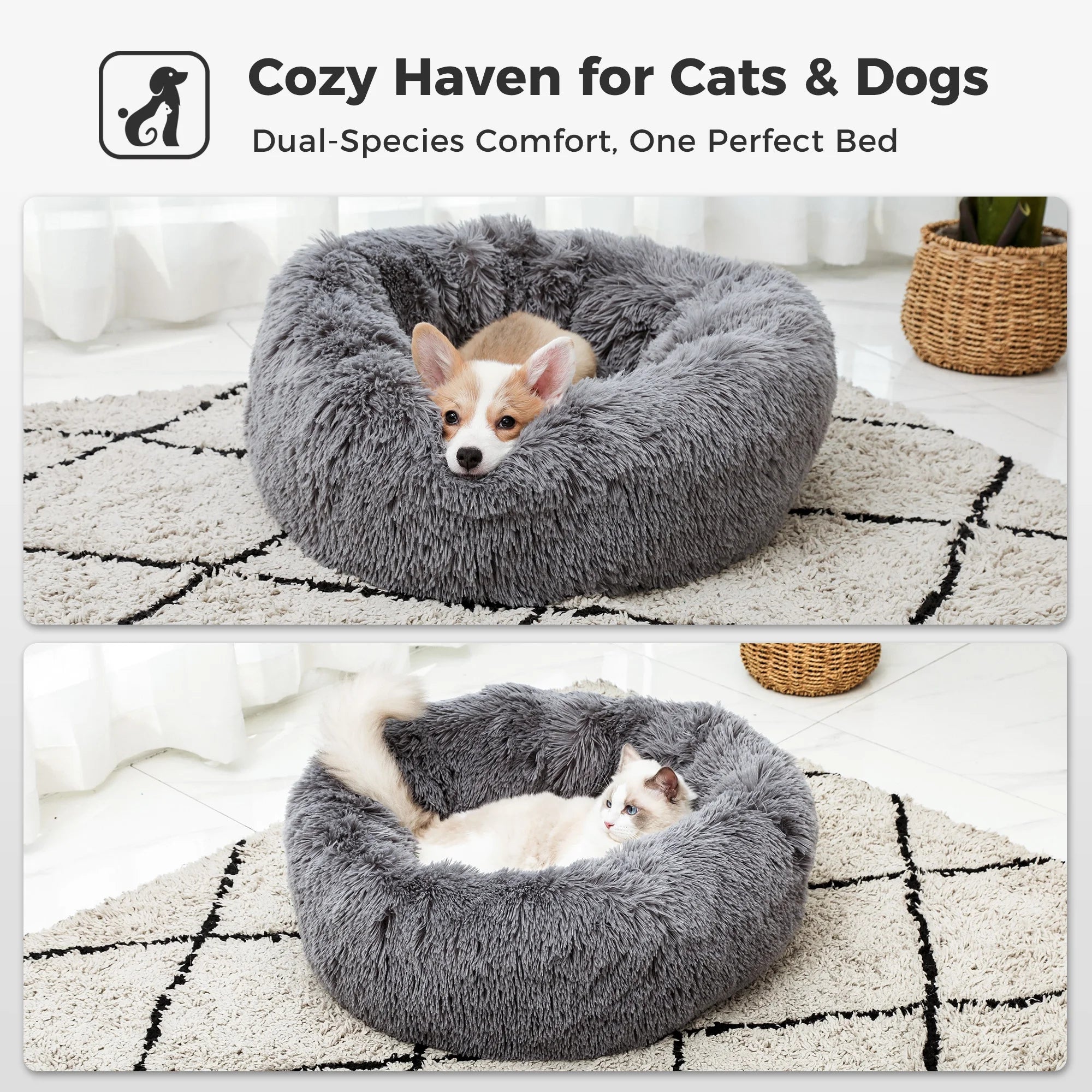 PAWZ Road Calming Donut Dog Bed Anti-Anxiety Plush Pillow round Puppy Cat Bed 30" for Pets up to 45Lbs,Gray