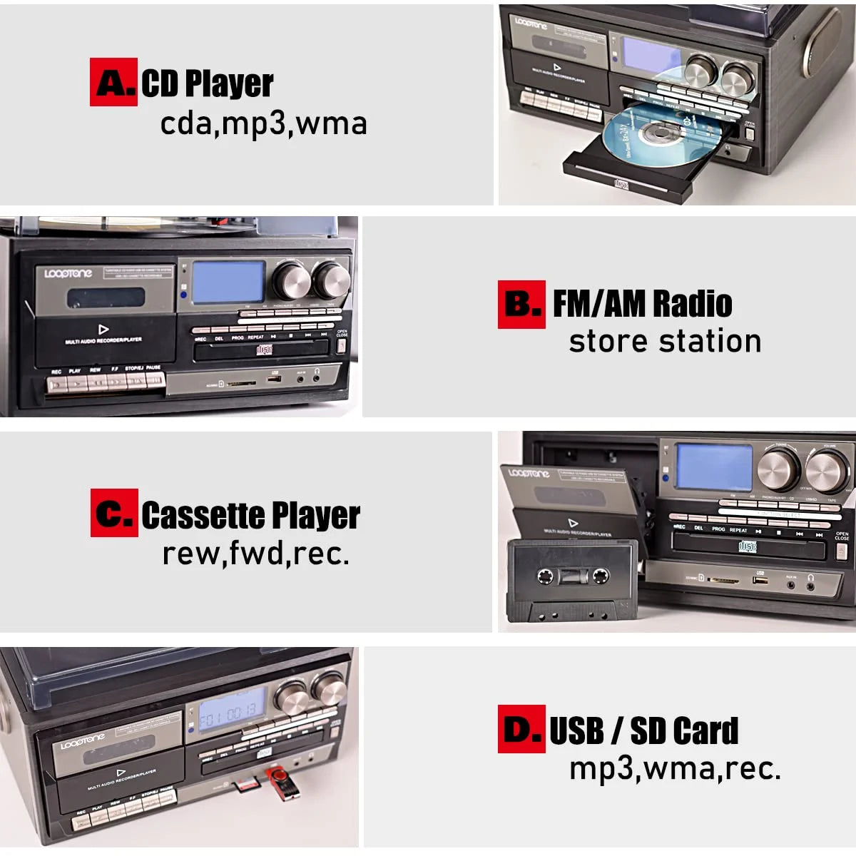 Looptone Vinyl Record Player Bluetooth In/Out Turntable CD Tape Radio USB Recorder Aux in RCA Out