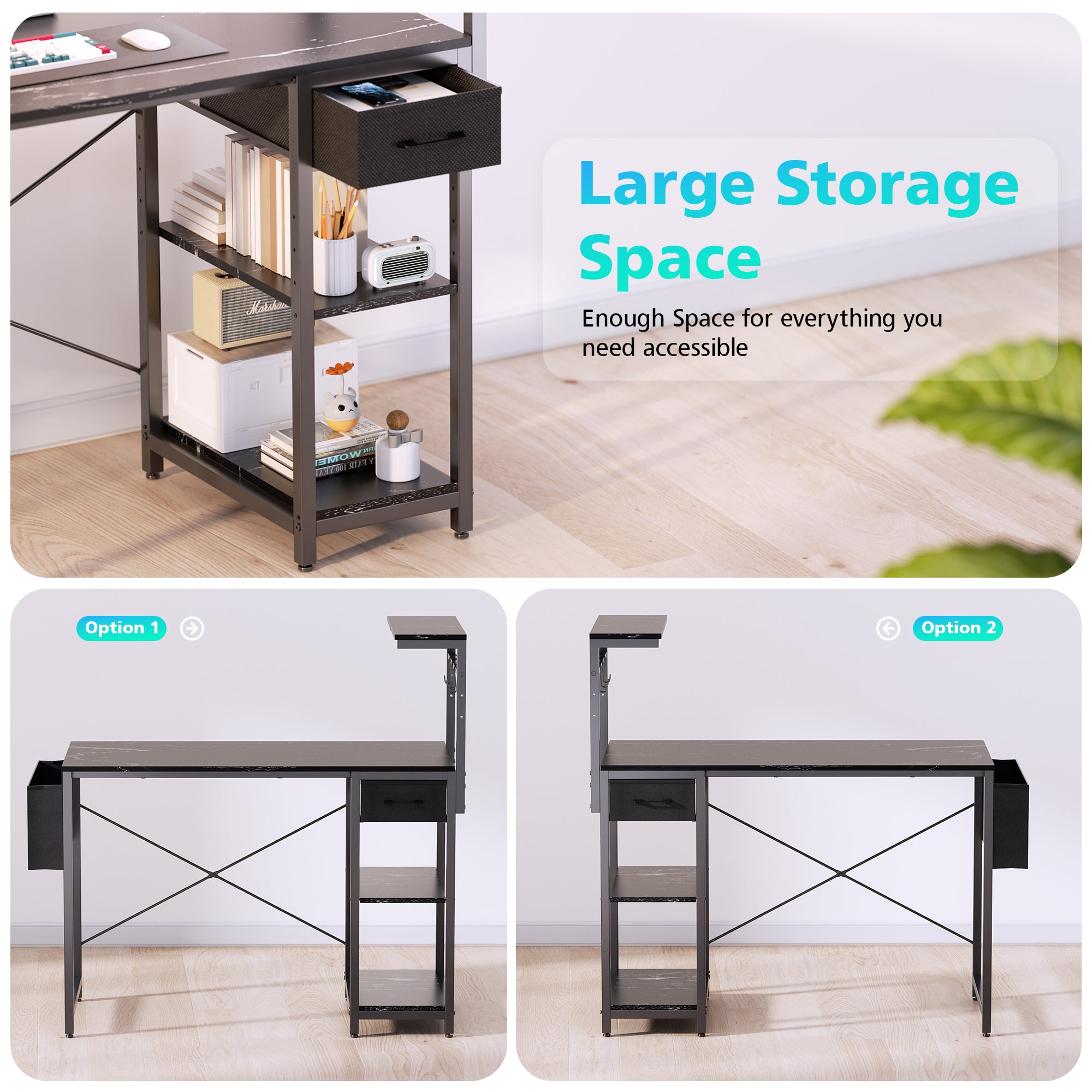 Eunon 44" Gaming Desk with LED Lights, Reversible 4 Tier Storage Shelves & Drawer Computer Desk,Black Marble