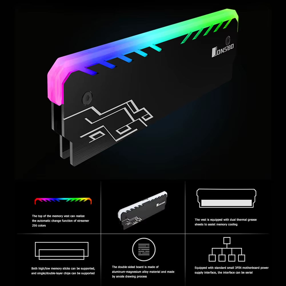 RGB RAM Heatsink Cooler with 256 Colors for DDR, DDR3, and DDR4 Memory - Desktop PC Gaming and Overclocking Cooling Solution