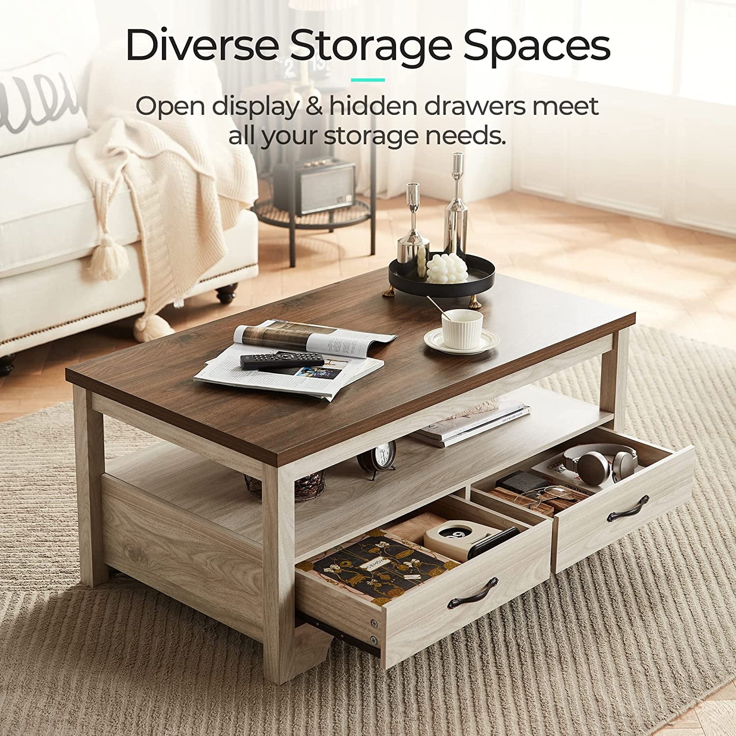 LINSY HOME Coffee Table with Storage Drawers, Wooden Farmhouse TV Stand Center Table for Living Room, Oak White