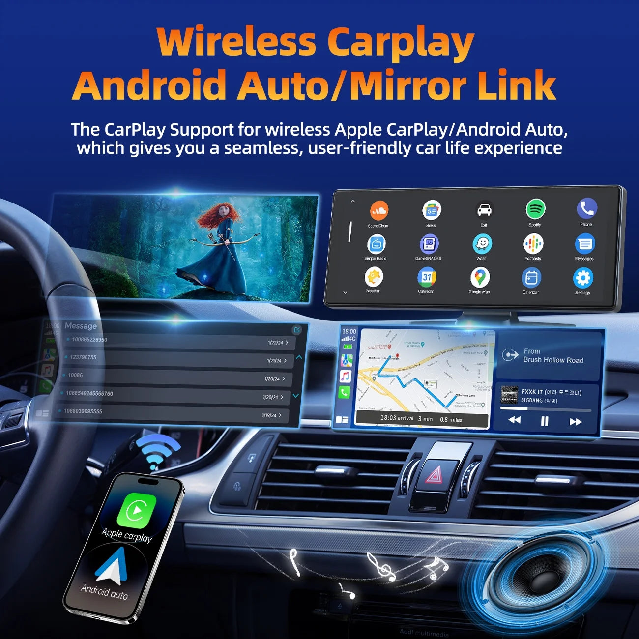 Portable Touchscreen Apple Carplay, 9.26" Wireless Carplay Screen for Car, Portable GPS Navigation for Car, Car Stereo with Airplay, AUX/FM, Googel, Siri, Bluetooth