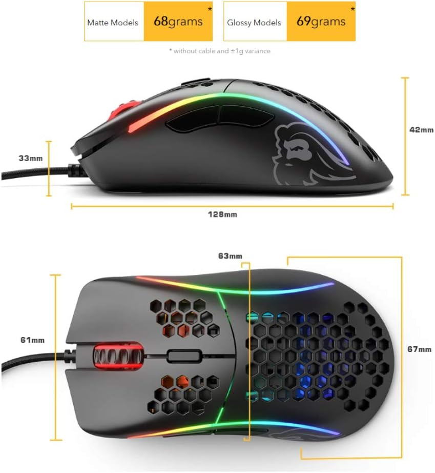 Glorious Model D Wired Gaming Mouse - 68G Superlight Honeycomb Design, RGB, Ergonomic, Pixart 3360 Sensor, Omron Switches, PTFE Feet, 6 Buttons - Glossy White