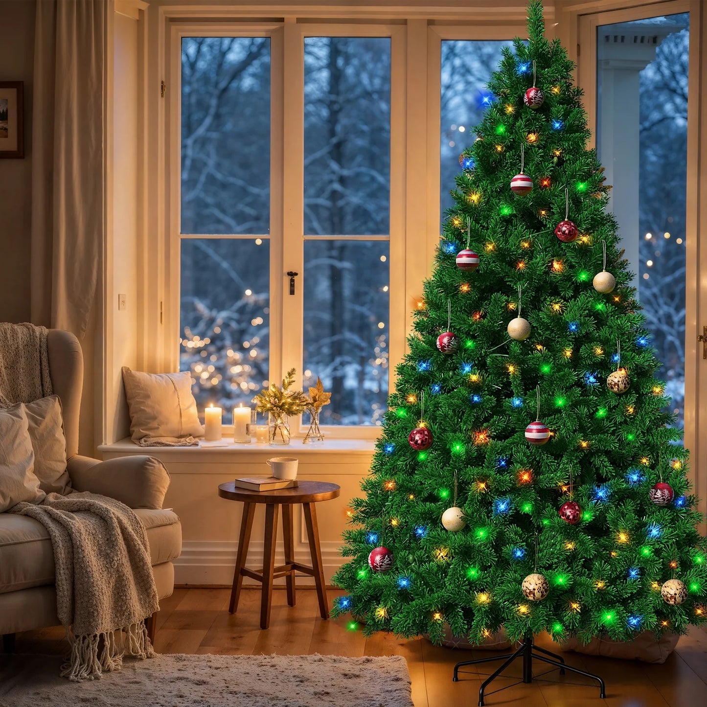 7.5-Foot Pre-Lit Artificial Christmas Tree with 18 Ornaments, Green Holiday Tree for Indoor and Outdoor Decoration