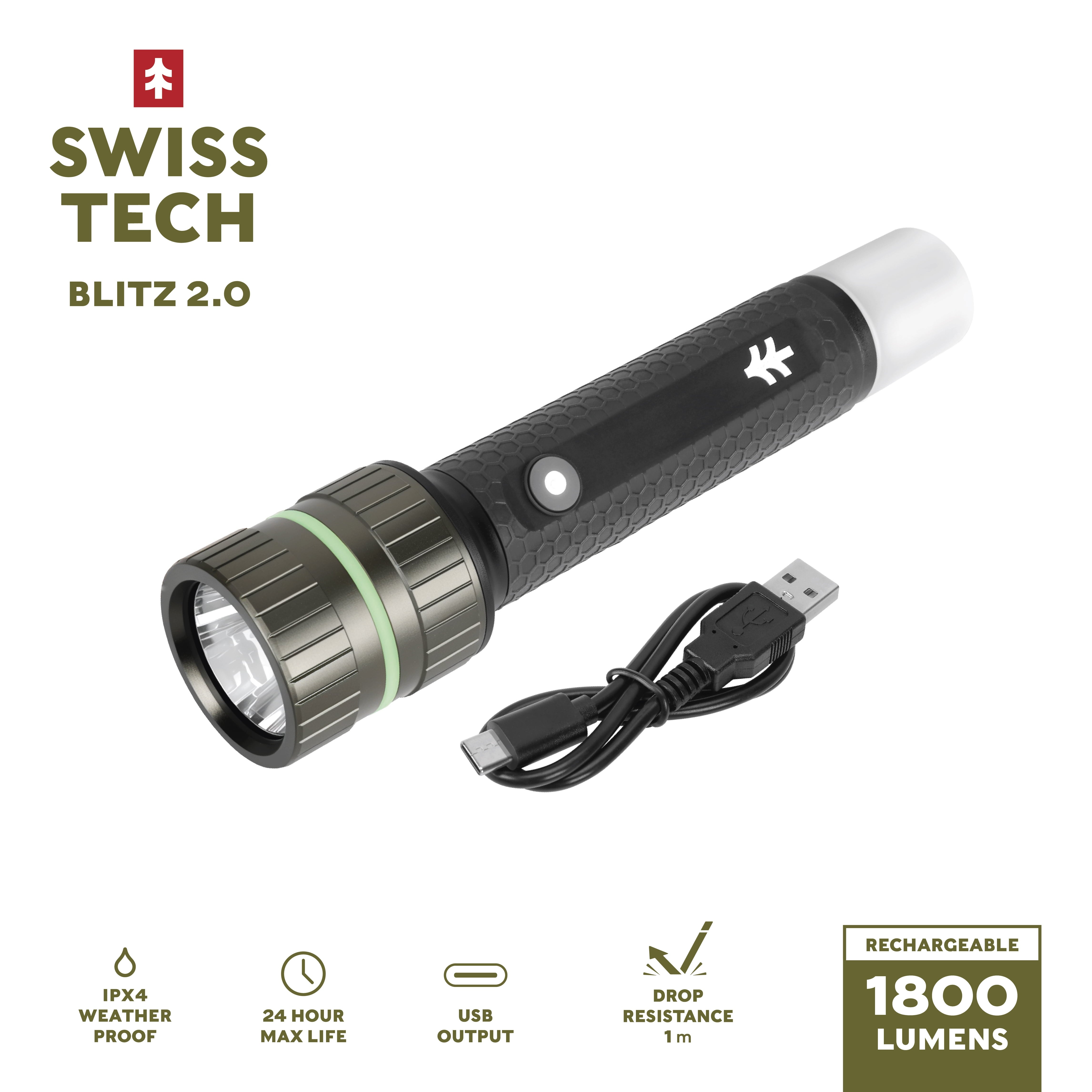 Swiss Tech 1800 Lumen LED Rechargeable Combo Flashlight, IPX4 Weatherproof, Drop Resistant, Black