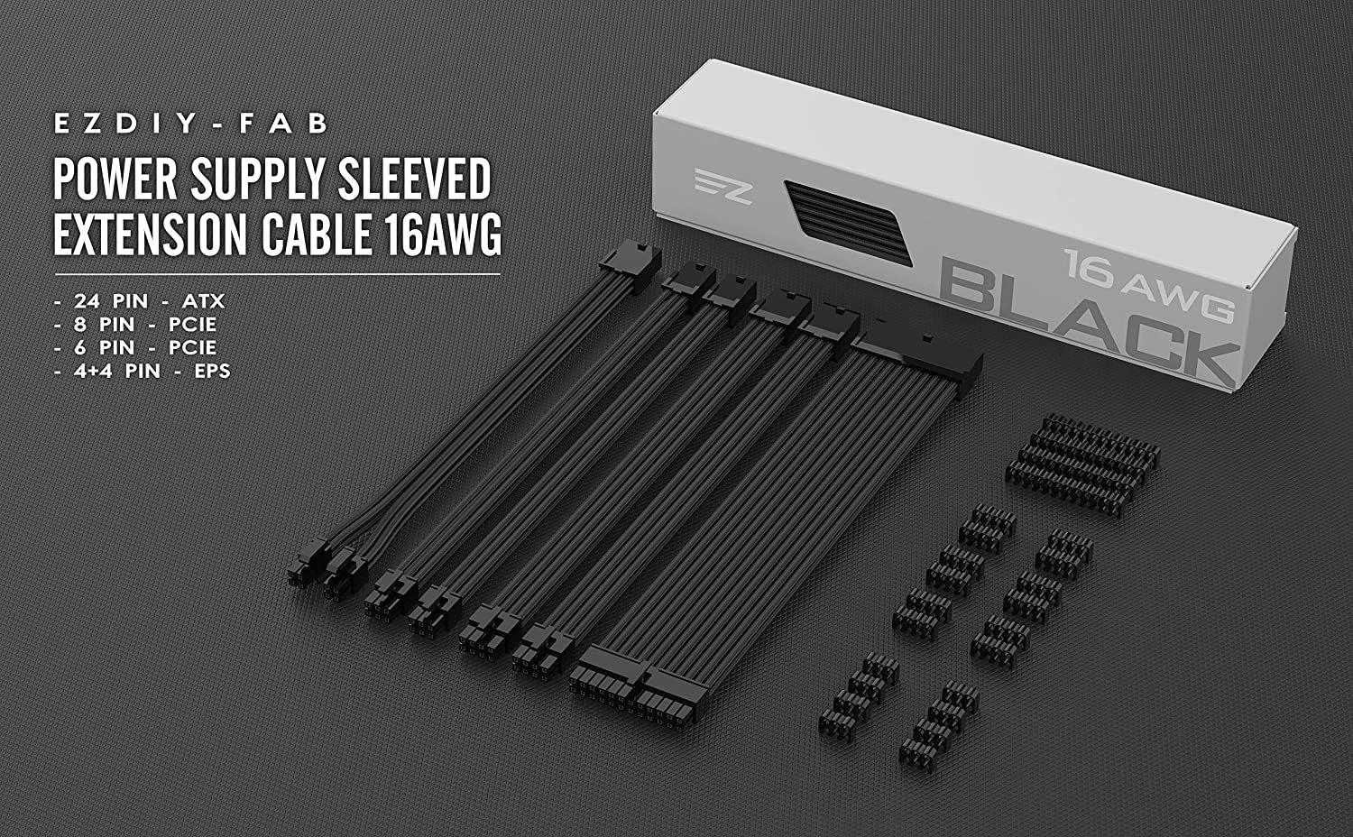 EZDIY-FAB PSU Cable Extension Kit Sleeved Cable Custom Power Supply Sleeved Extension 16 AWG 24-PIN 8-PIN 6-PIN 4+4-PIN with Combs- Black