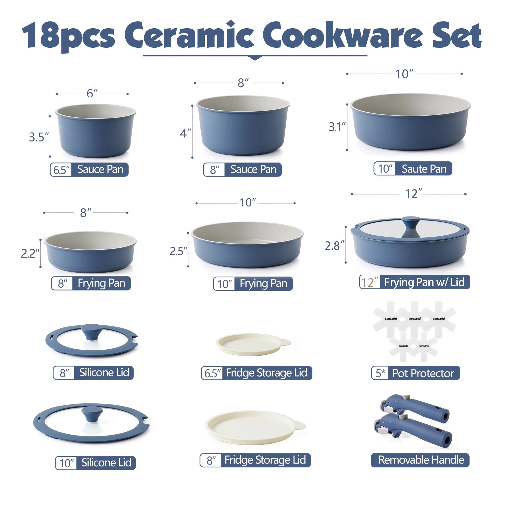 SENSARTE Ceramic Nonstick Pots and Pans Set with Detachable Handle, 18Pcs Induction Kitchen Cookware Sets Stackable, Dishwasher/Oven Safe(Navy Blue)