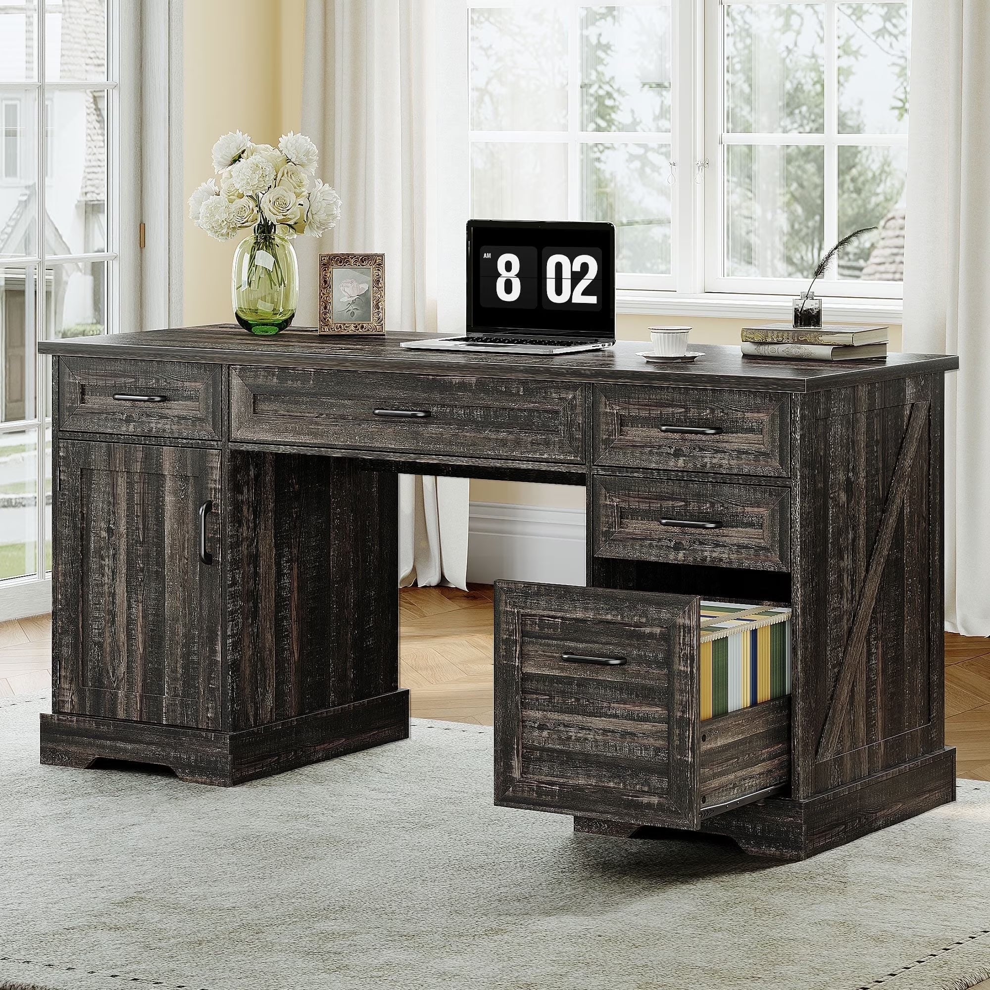 Casacomoda Home Office Desk with File Cabinet and Drawers, 59" Executive Desk with USB Power Outlet, Storage Cabinet for CPU, Workstation Table for Study, Dark Oak