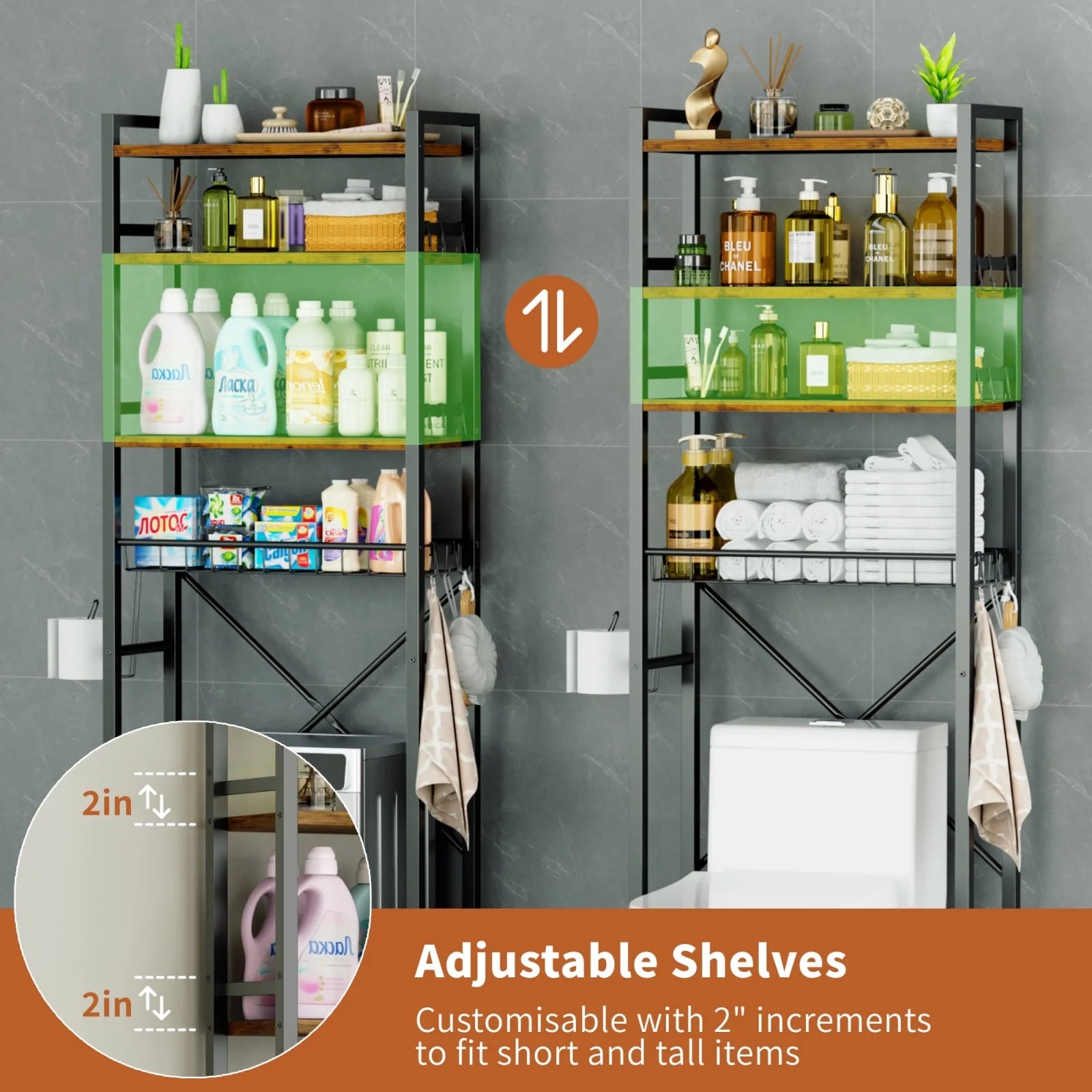 Capri over the Toilet Storage Shelf, 4-Tier Freestanding Bathroom Organizers and Storage, above Toilet Space Saver Rack with Adjustable Shelves, Toilet Paper Holder and 9-Hooks, Rustic Brown