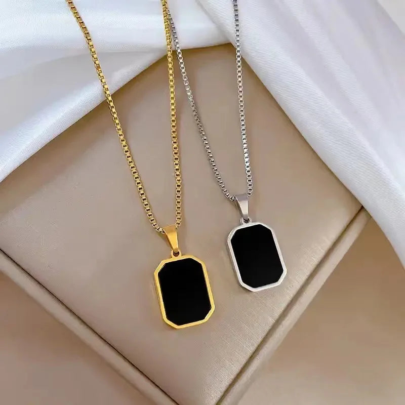 Korean-Inspired Black Geometric Pendant Necklace with Gold Chain for Women - Elegant Fashion Jewelry for Parties and Gifts