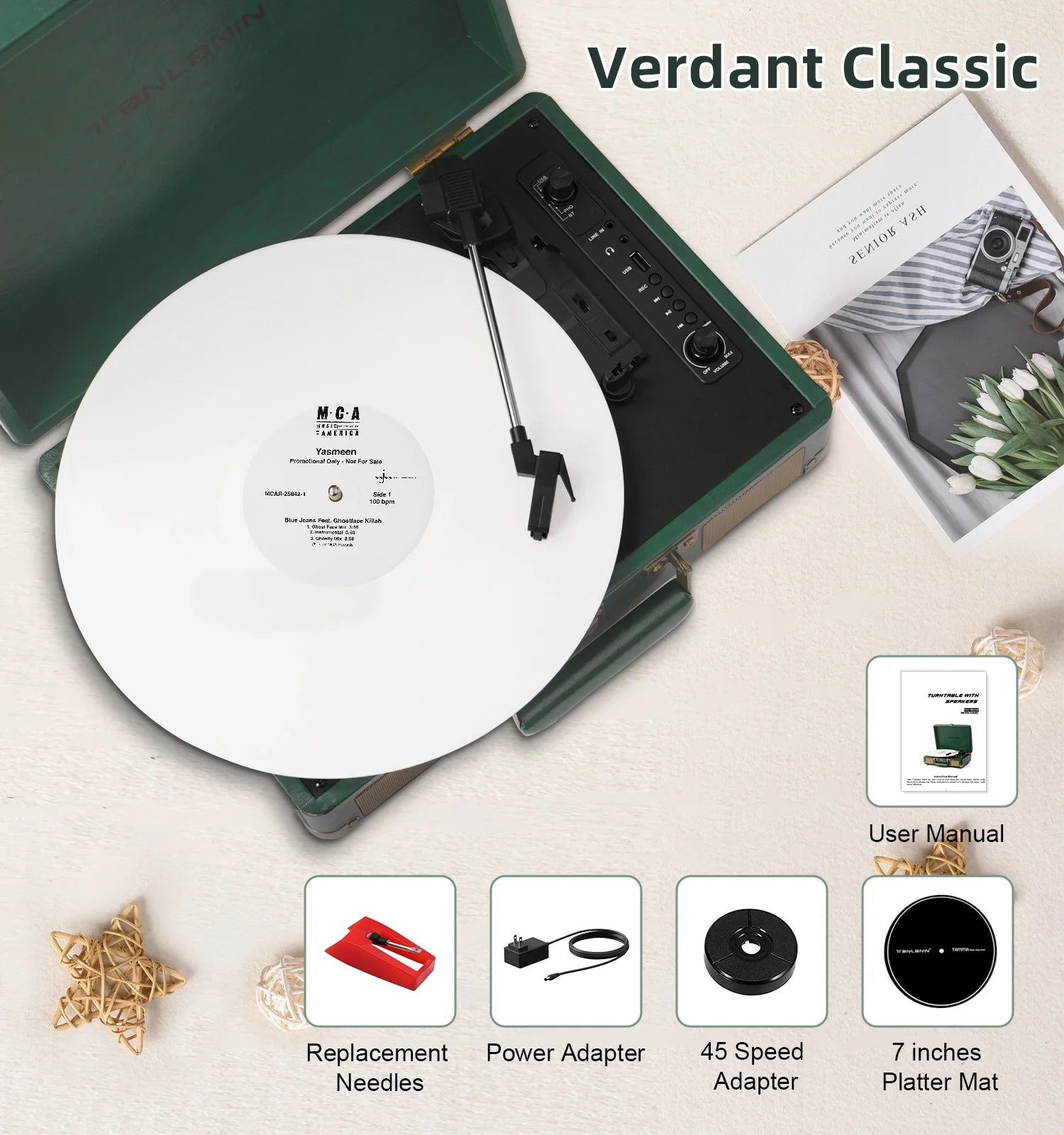 Record Player with Bluetooth, TANLANIN Vintage Turntable 3-Speed Suitcase Style with Built-In Speakers, USB Recording, Great Gift for Him/Her, Green