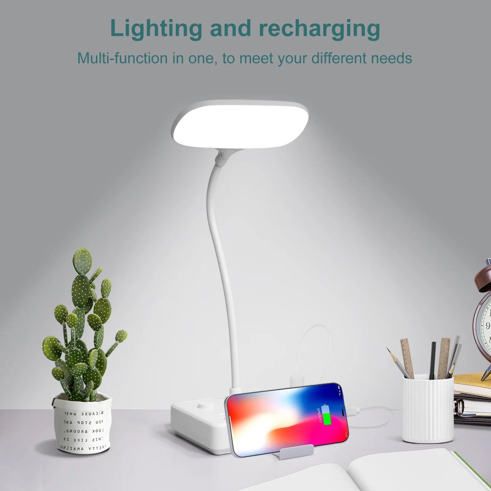 BOHASHIN LED Desk Lamp with 2 USB Charging Port and 4 AC Outlets, 2 Color Temperatures and 4Ft Extension Cord for Reading, Working, Studying