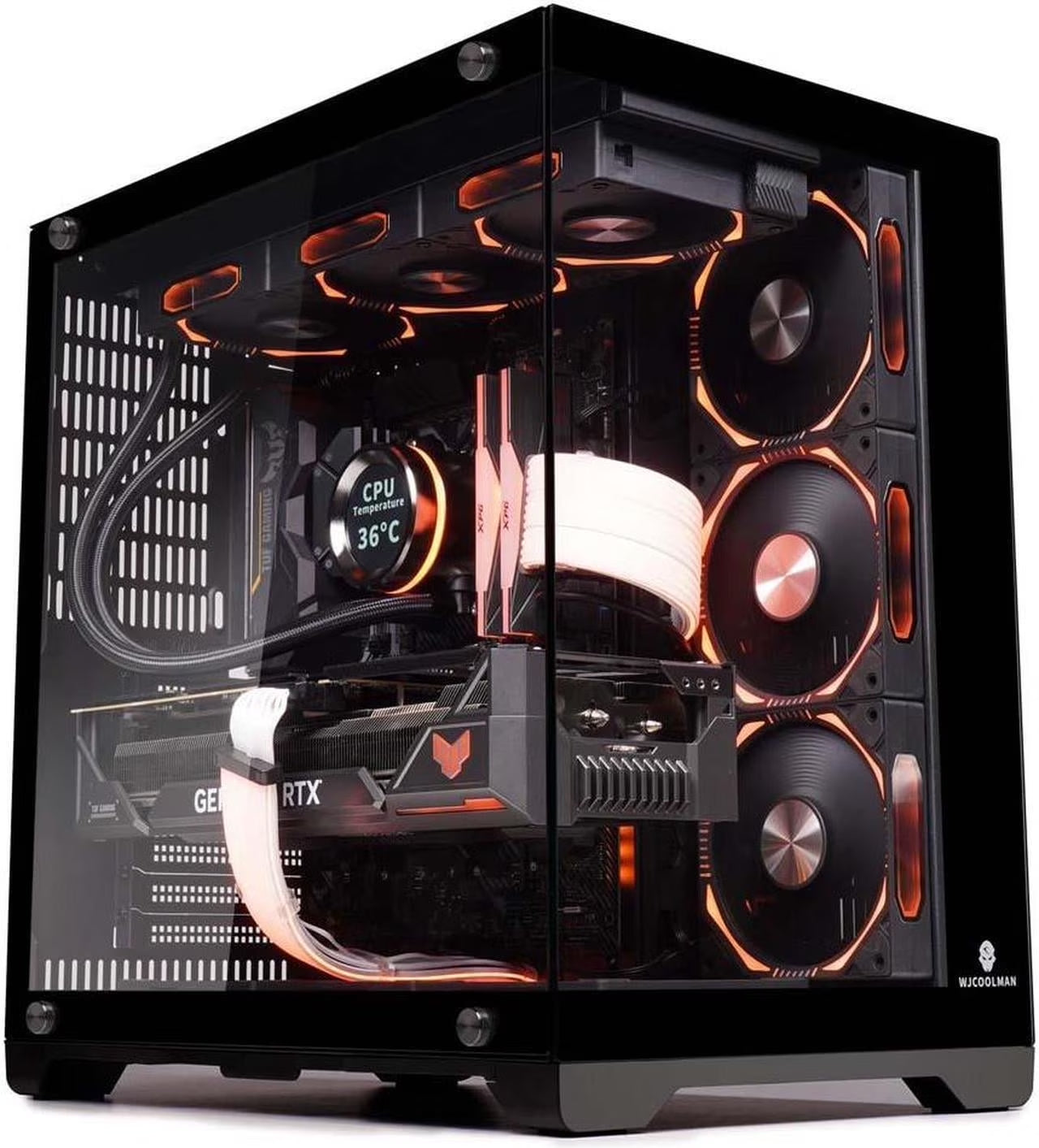 WJCOOLMAN Lonely Warrior PRO Black Computer Case Panoramic Version 2 Sides Transparent Glass Gaming Chassis Support 10 Fan Positions 360 AIO Support ATX/M-ATX Gming Case High-Airflow Design
