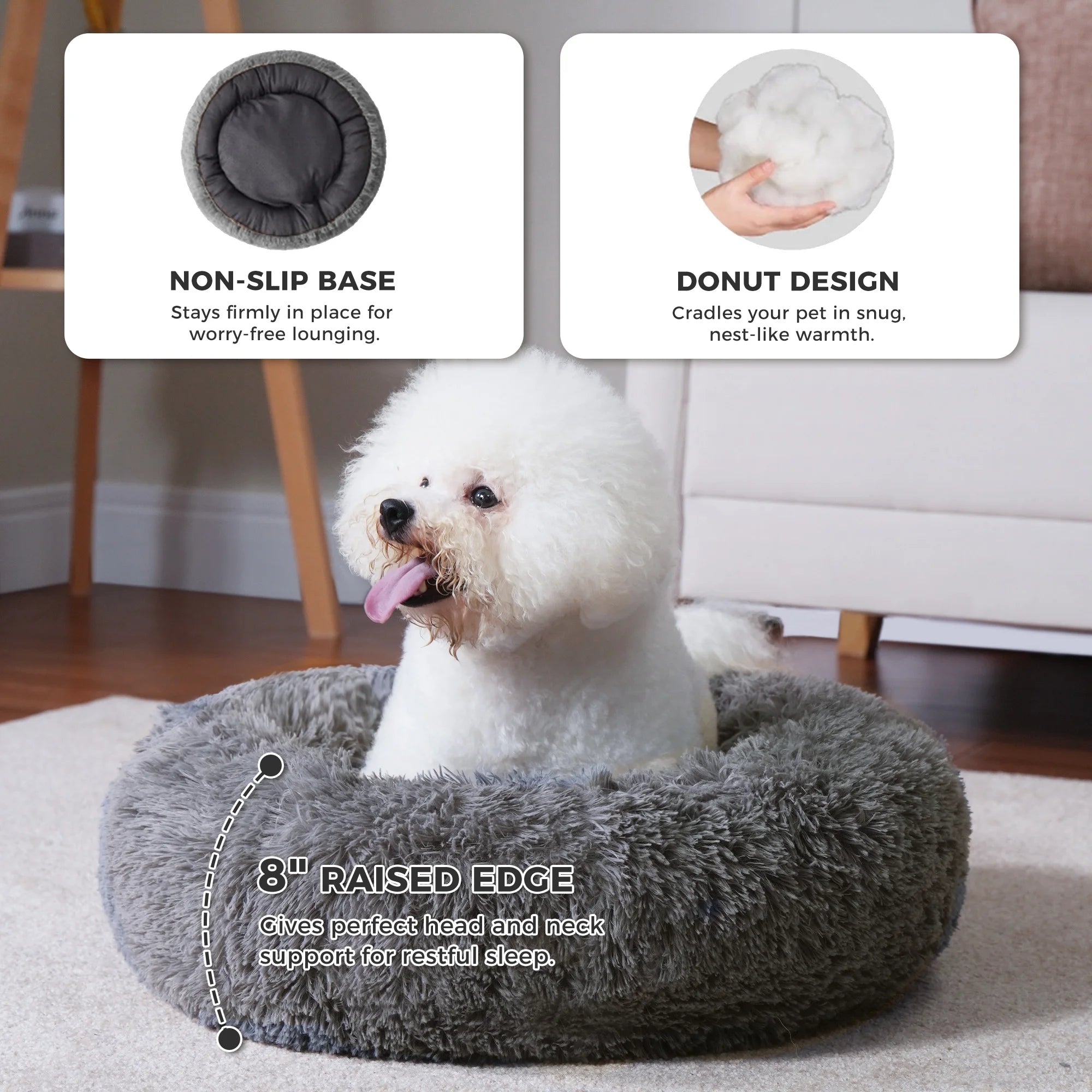 PAWZ Road Calming Donut Dog Bed Anti-Anxiety Plush Pillow round Puppy Cat Bed 30" for Pets up to 45Lbs,Gray