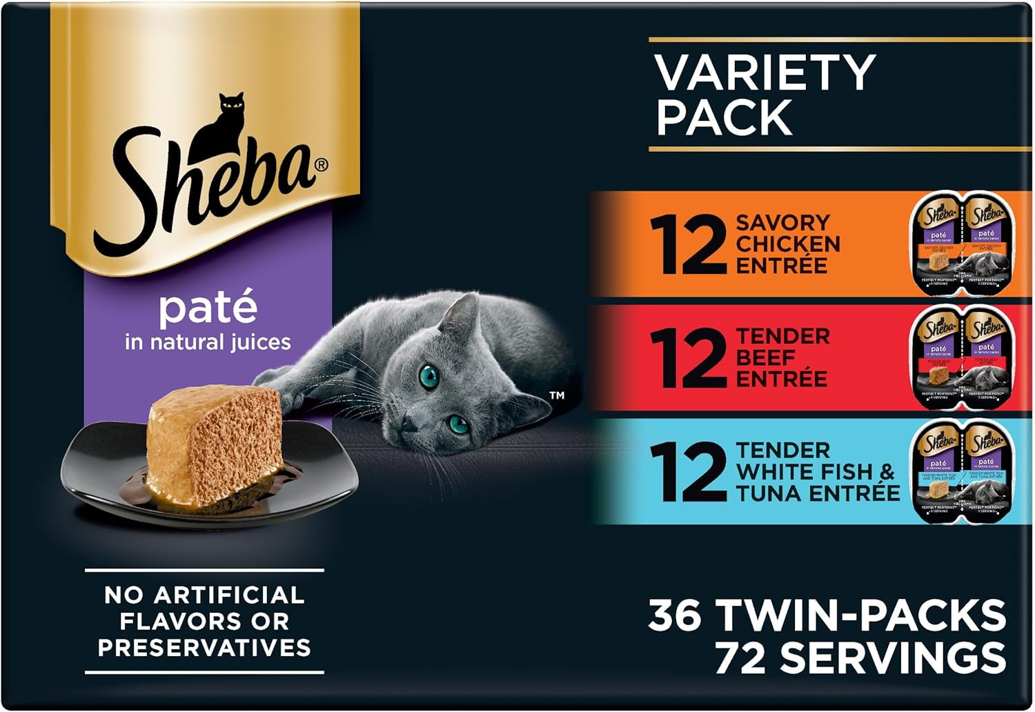 Sheba Perfect Portions Wet Cat Food Variety Pack with Sustainable Salmon, Signature Seafood Entrée, Tender White Fish, and Tuna, 2.6 Oz Twin Pack Trays (24 Count, 48 Servings)