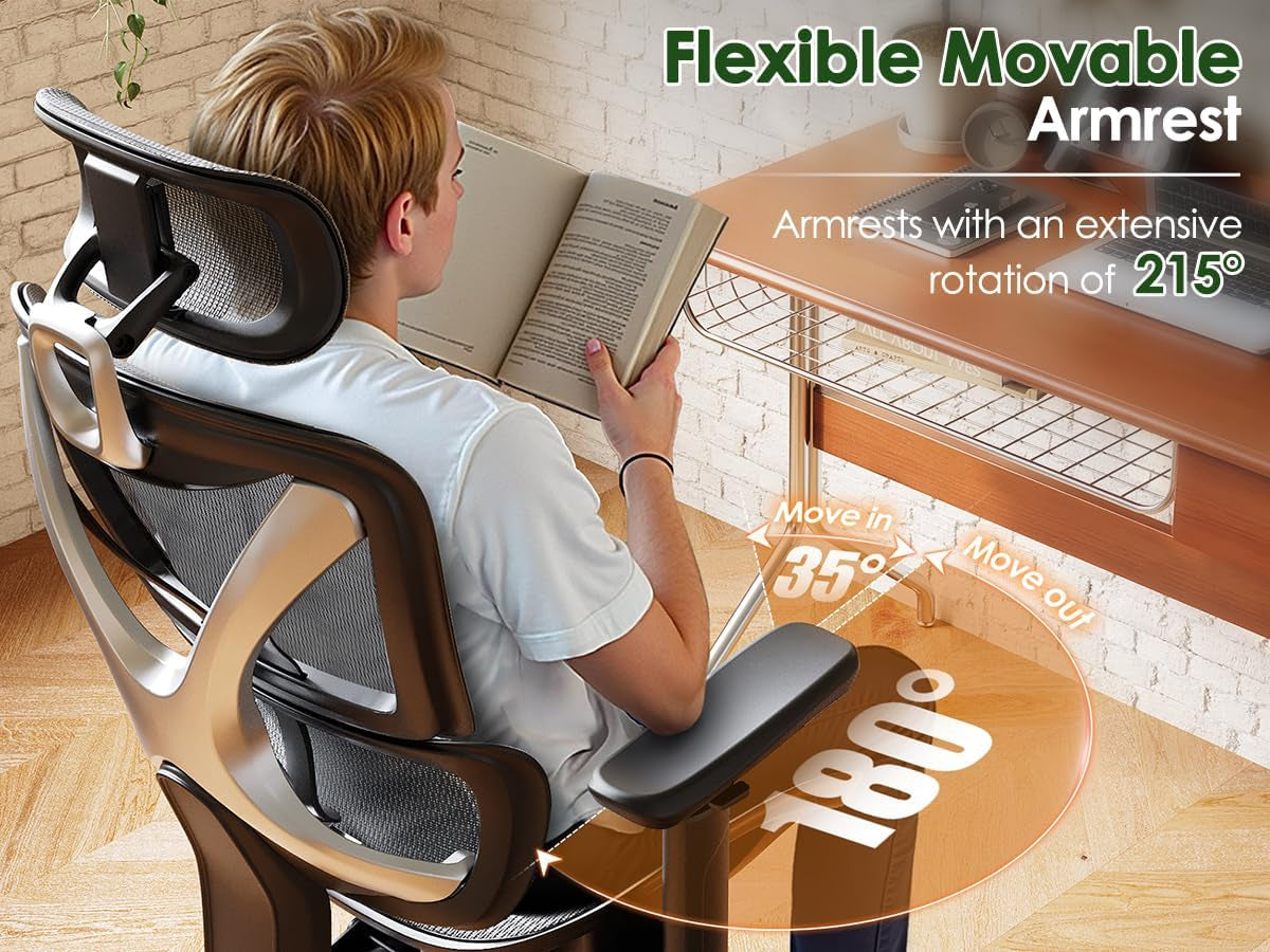 GABRYLLY Ergonomic Office Chair for Big and Tall, Mesh Design with Lumbar Support, 3D Adjustable Armrests, 215° Rotation, Adjustable Headrest, and Comfortable Seat, Supports Up to 350 lbs, Ideal for Work and Gaming - Grey