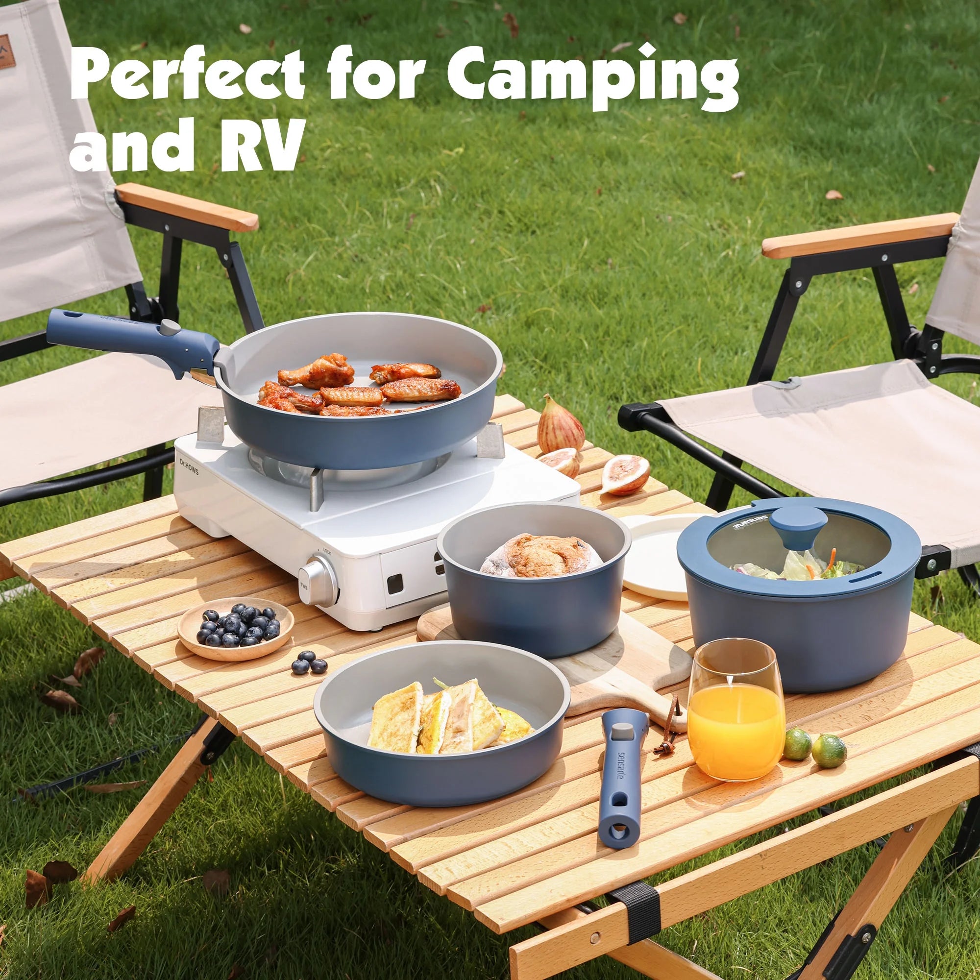 SENSARTE Ceramic Nonstick Pots and Pans Set with Detachable Handle, 18Pcs Induction Kitchen Cookware Sets Stackable, Dishwasher/Oven Safe(Navy Blue)